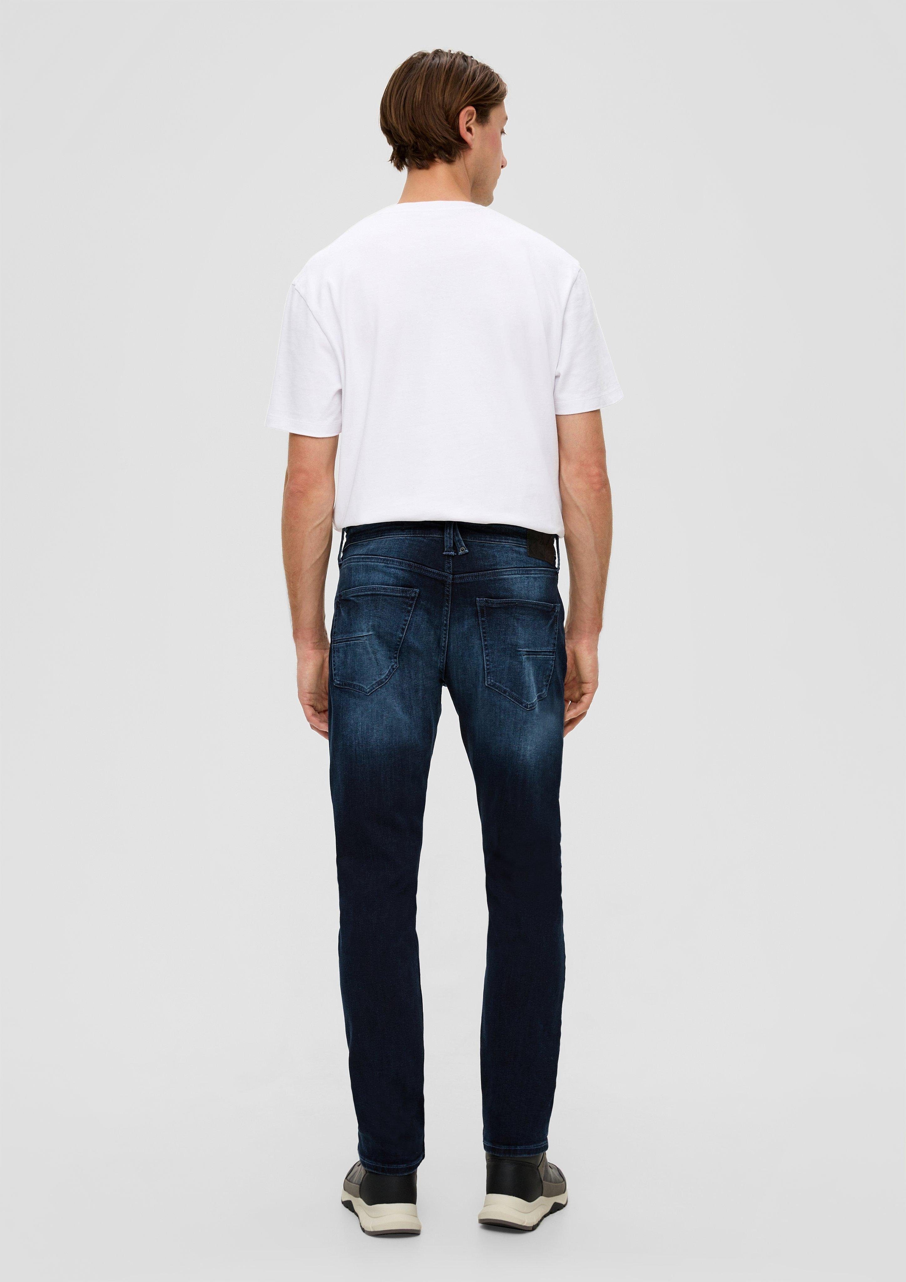s.Oliver Stoffhose Jeans / Waschung Leder-Patch, / / tiefblau / Leg Fit Mid Regular 5-Pocket-Stil Tapered Rise