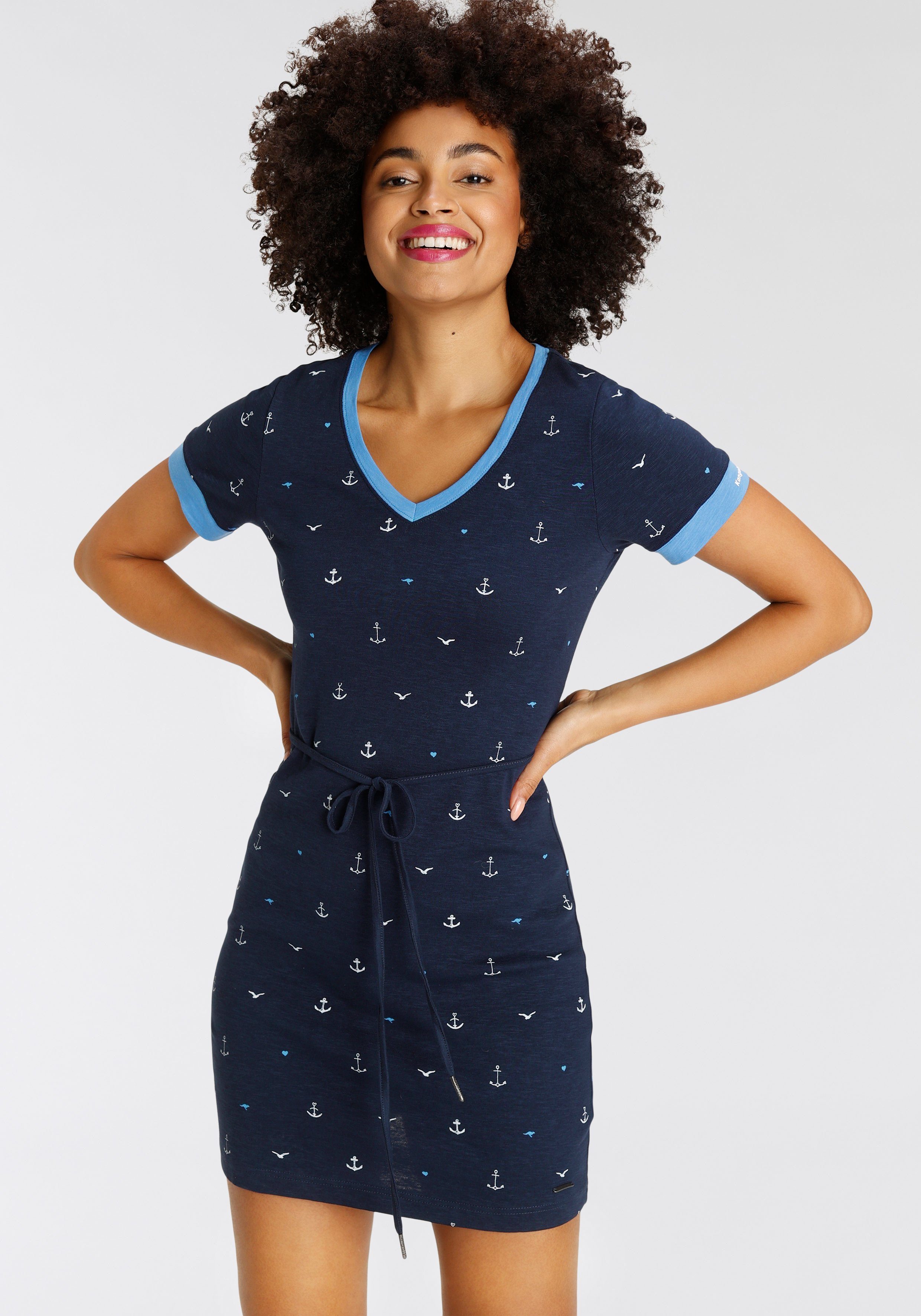 Jerseykleid mit (mit KangaROOS NEUE maritimen KOLLEKTION marine - Minimal-Alloverdruck Bindegürtel)