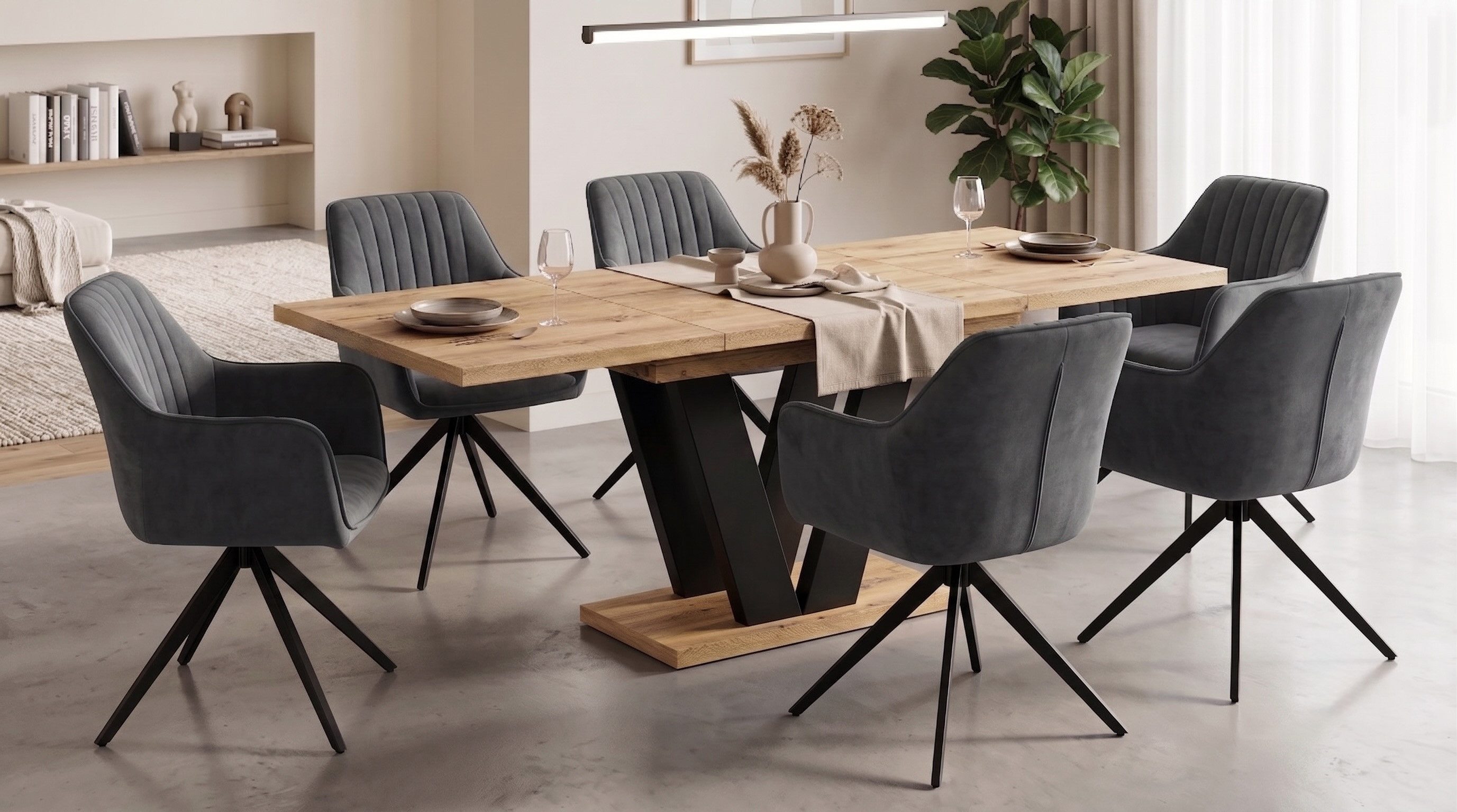 Endo-Moebel Essgruppe Essgruppe Esstisch ausziehbar 130/210cm 6 Stühlen Set Textil Samt, (7-tlg)