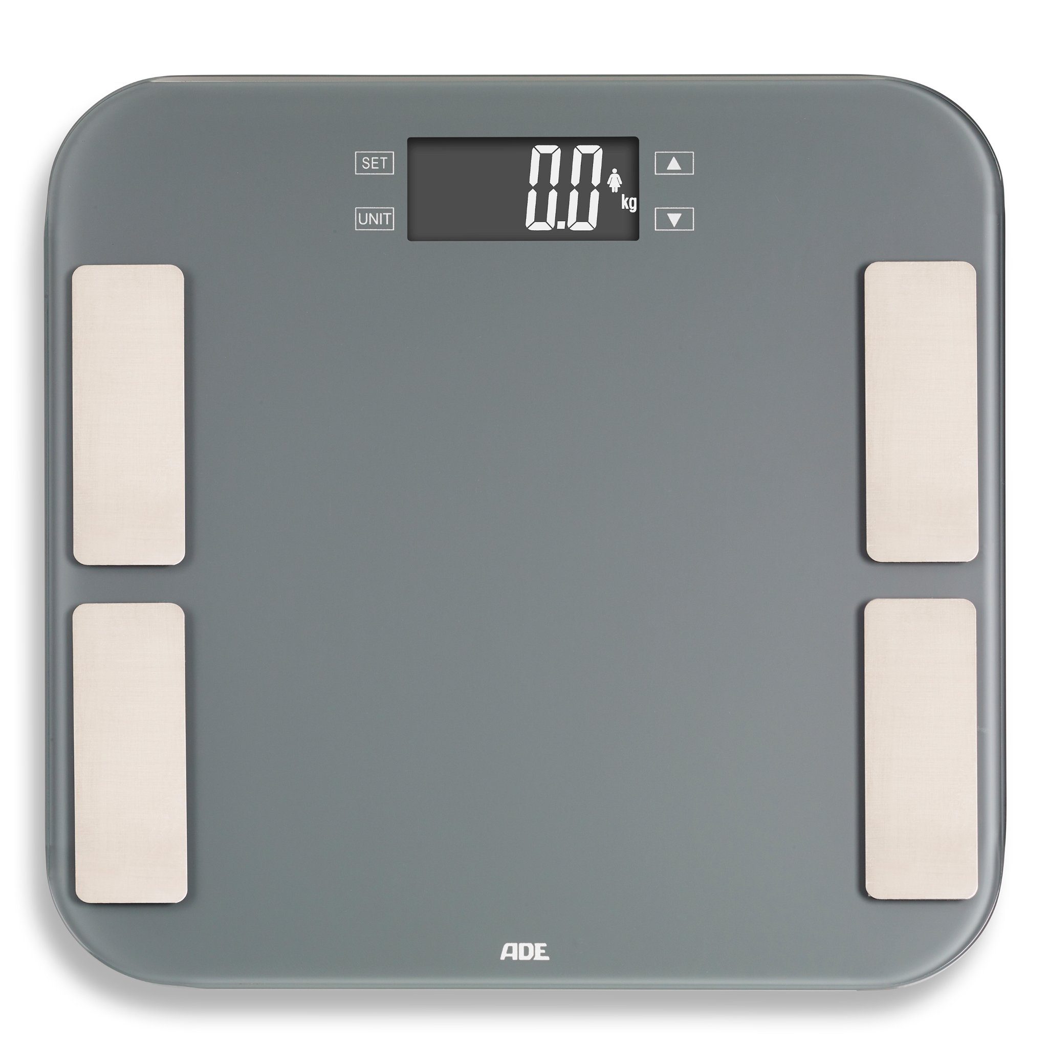 ADE Körper-Analyse-Waage Analyse von Körperfett, Körperwasser, Muskelmasse,  BMI und BMR, 13 Speicherplätze, großes LCD-Display, bis 180 kg