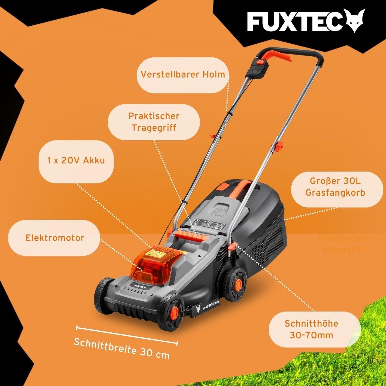 FUXTEC Akkurasenmäher FX-E1RM20ECO/HS20-SL, 30 cm Schnittbreite, 20V Wechselakku, Akku Rasenmäher & Heckenschere SET