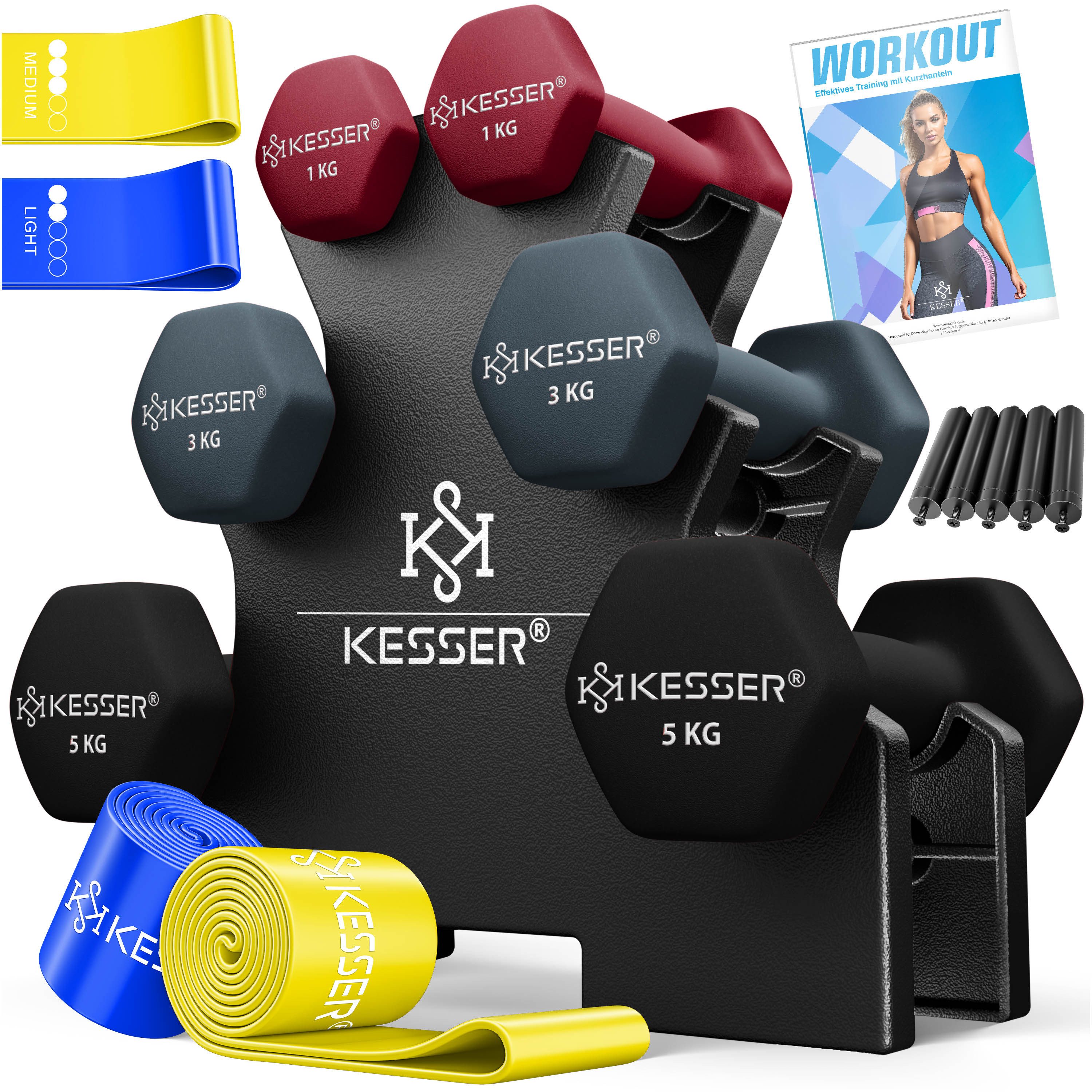 KESSER Hantel-Set, (18 kg Set 2 x (1+3+5)kg), Kurzhantel Gymnastikhanteln mit Ständer Aufbewahrung