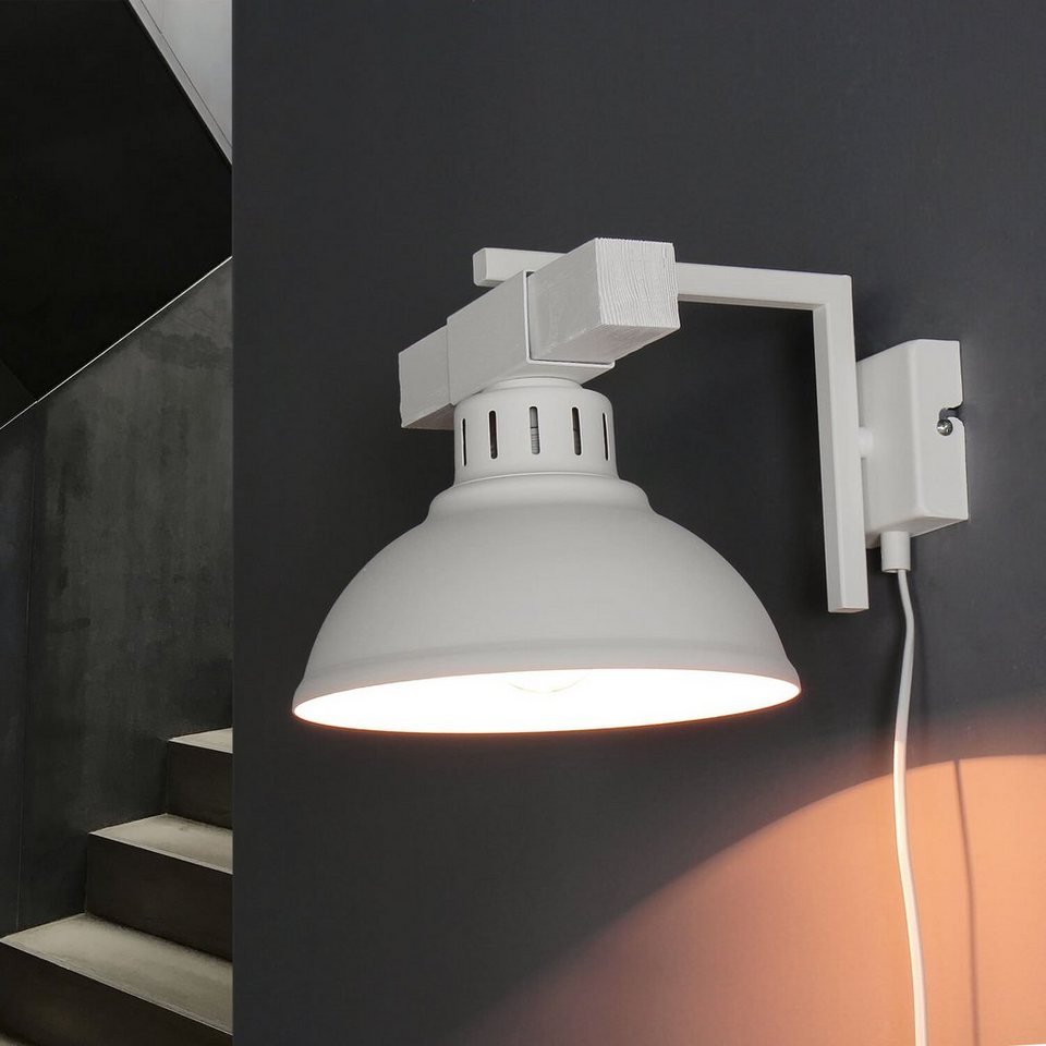 Licht-Erlebnisse Wandleuchte HAKON, ohne Leuchtmittel, Weiße Wandlampe  Metall Holz E27 Rustikal Schlafzimmer