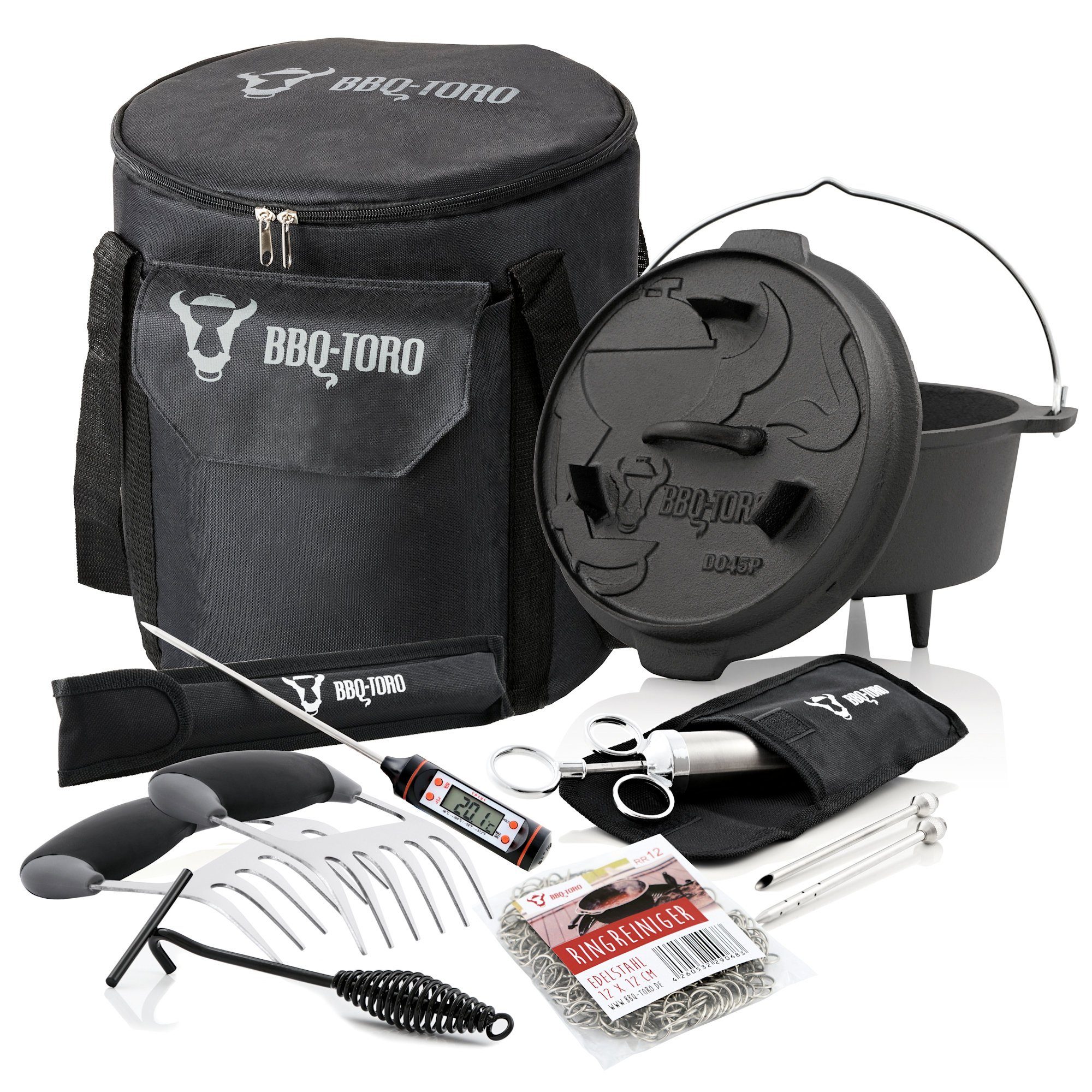 BBQ-Toro Grilltopf Dutch Oven Set Gusseisen, 7 teiliges Starter Set, inkl. Deckelheber, Gusseisen (Set, 7-tlg), Bereits eingebrannt