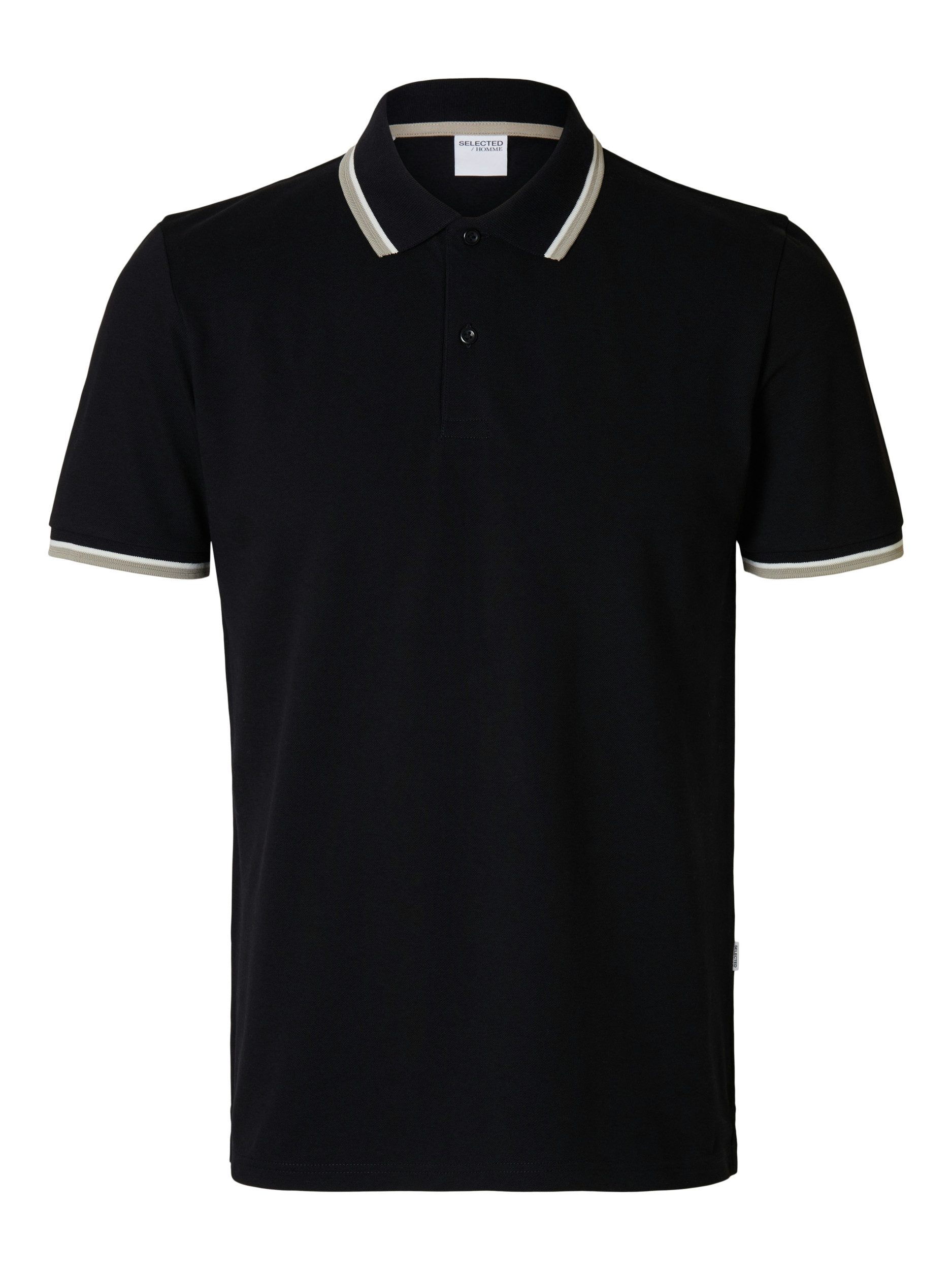 SELECTED HOMME Poloshirt - Slim-Fit Kurzarm-Polo mit Kontraststreifen in Black - Herrenshirt Slim-Fit Poloshirt mit Kontraststreifen und Knopfleiste