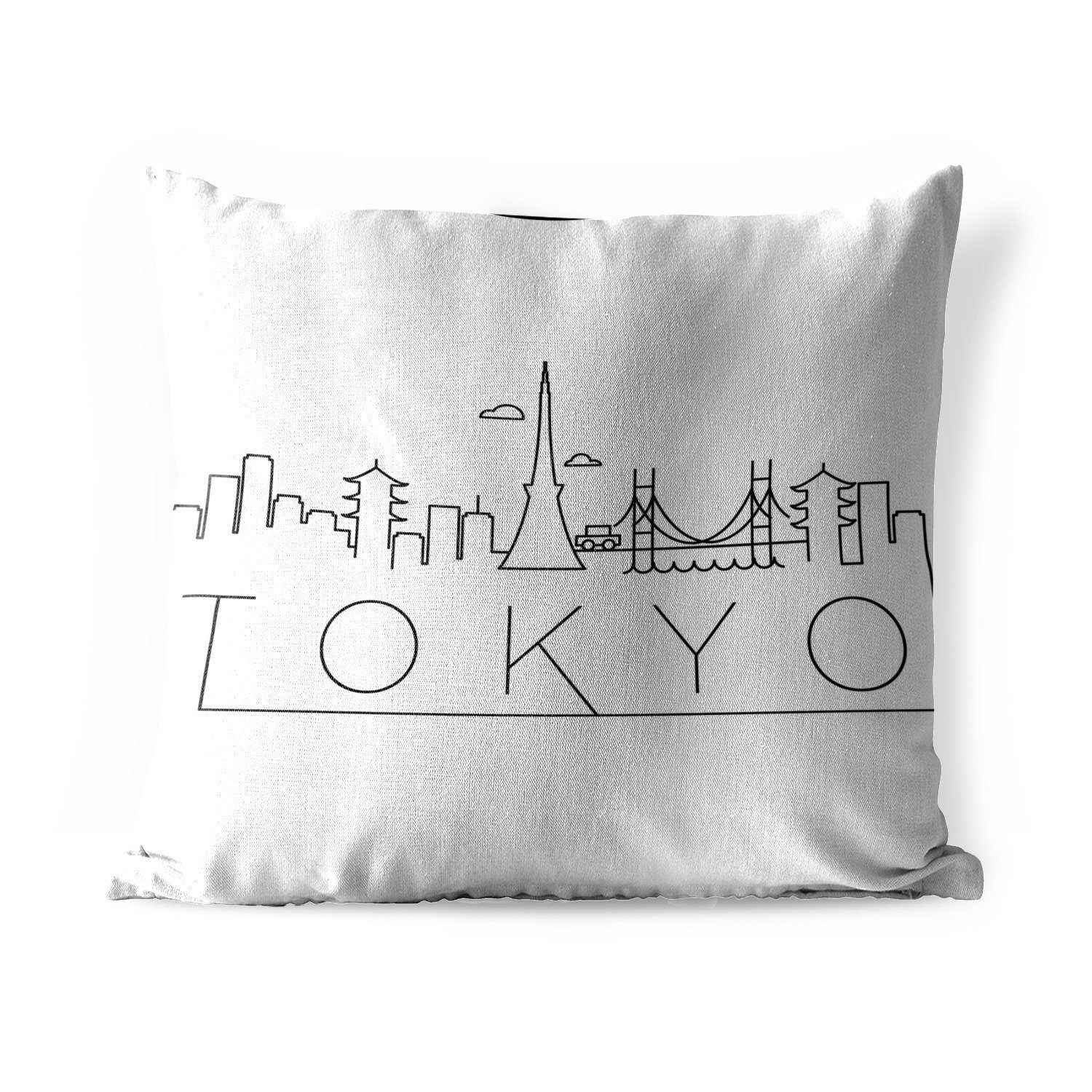 MuchoWow Dekokissen Skyline "Tokio" schwarz auf weiß, Kissenbezüge, Kissenhülle, Dekokissen, Dekokissenbezug, Outdoor
