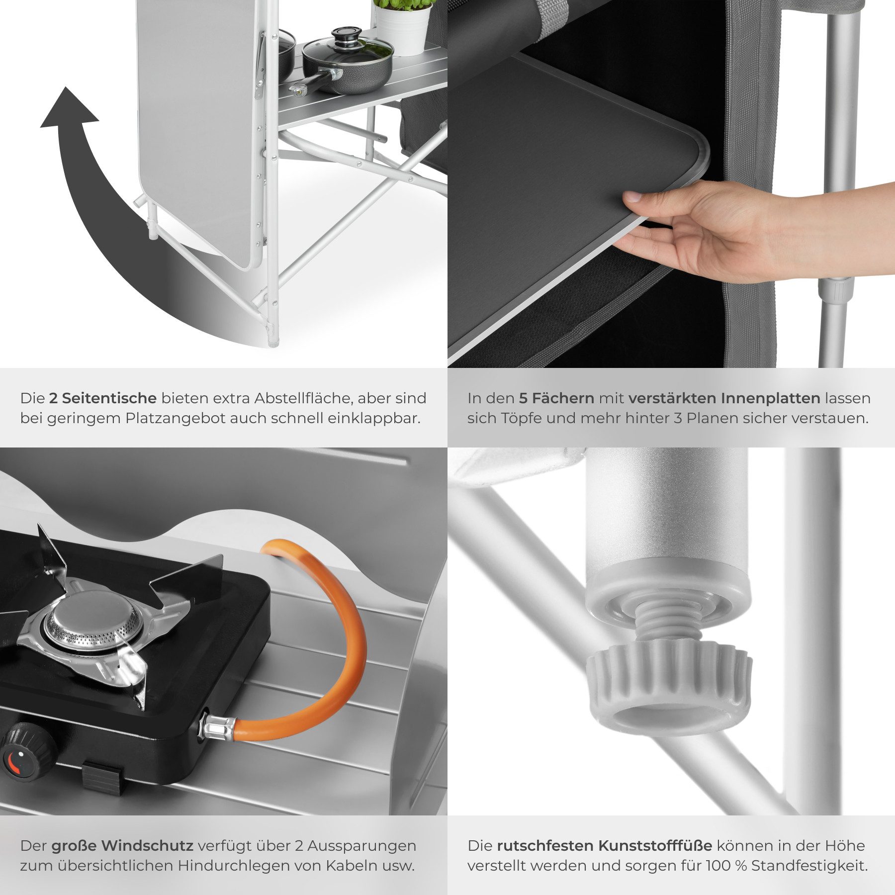 tectake Campingtisch Campingküche XXL mit Aluminiumgestell und 5 Fächern (Outdoor küchenausstattung, 1-St., in Grad), Hitzebeständige Arbeitsplatte mit Windschu – Bild 5 von 5