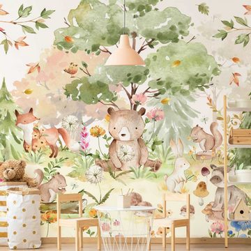 Bilderdepot24 Kindertapete Kinderzimmer Aquarell Waldtiere Bär Fuchs Baum Kinder Wanddeko, Glatt, Matt, (Inklusive Gratis-Kleister oder selbstklebend), Mädchenzimmer Jungenzimmer Babyzimmer Bildtapete Fototapete Wandtapete