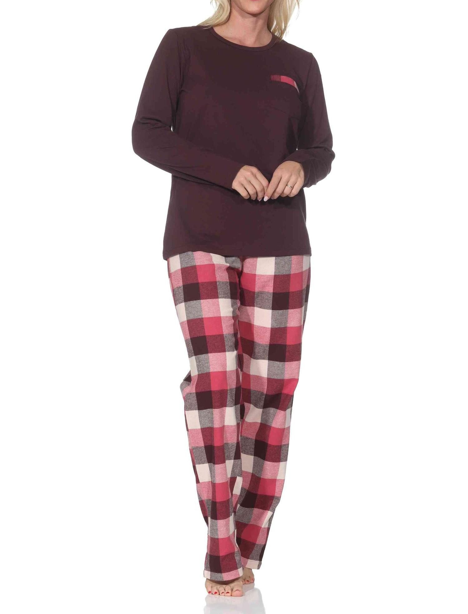 Normann Pyjama Normann Damen Schlafanzug lang Pyjama mit Flanell Schlafhose