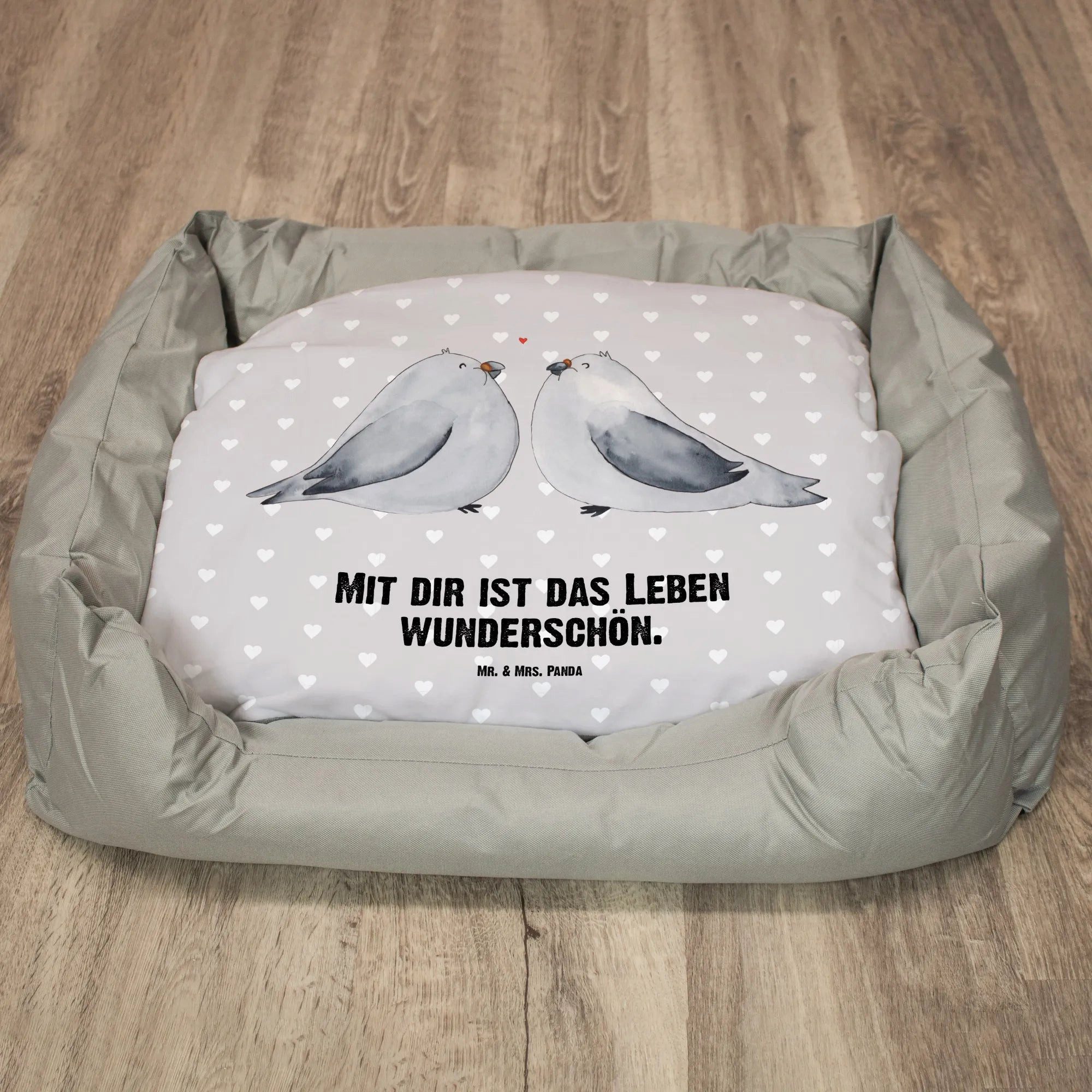 Thumbnail - Mr. & Mrs. Panda Tierbett Turteltauben Liebe - Grau Pastell - Geschenk, Hundemöbel, Turteltäubc, Modernes Design