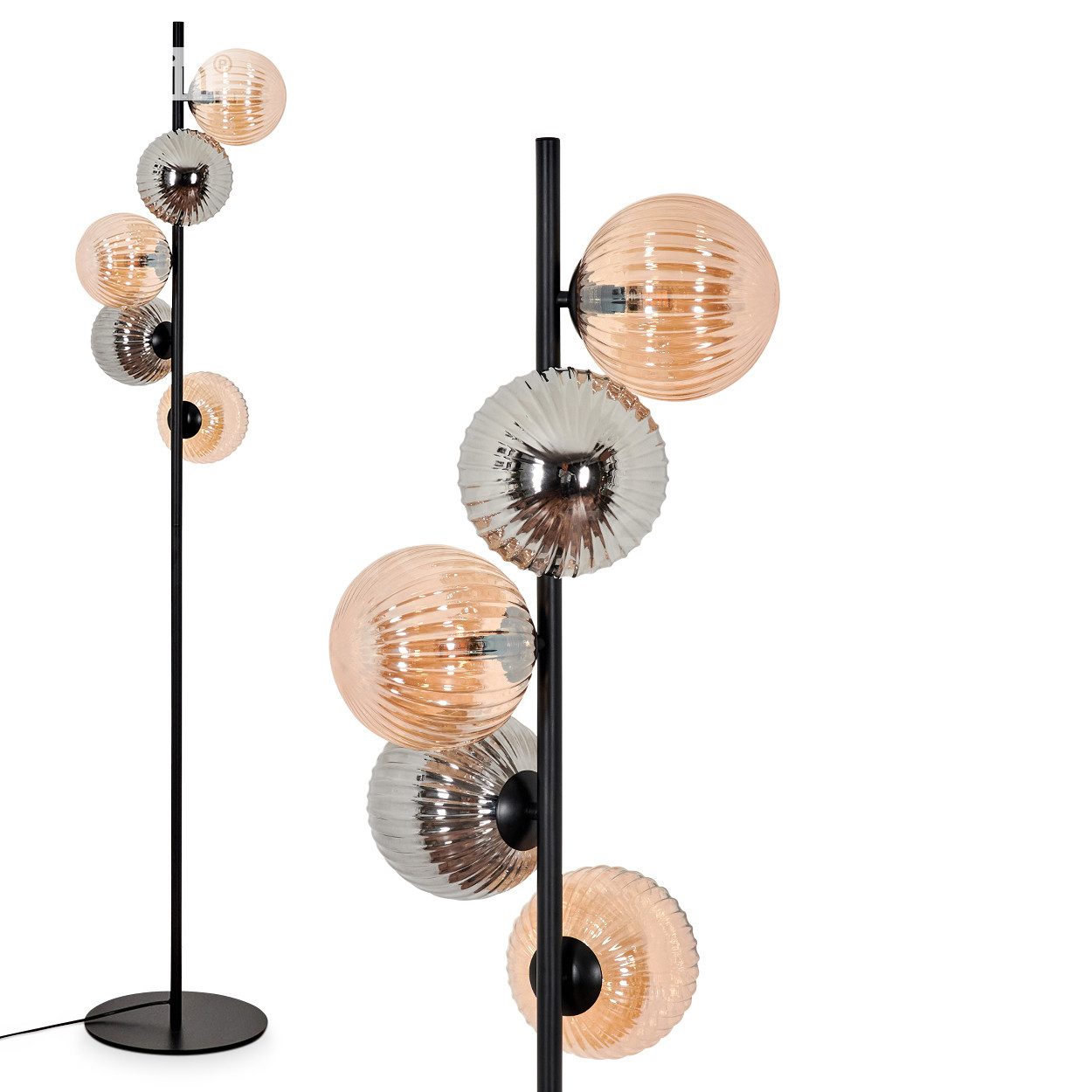 hofstein Stehlampe Stehlampe aus Metall/Riffelglas in Schwarz/Rauch/Bernstein, ohne Leuchtmittel, Leuchte, Schirme aus Glas (15cm),Schalter, 5 x G9, ohne Leuchtmittel