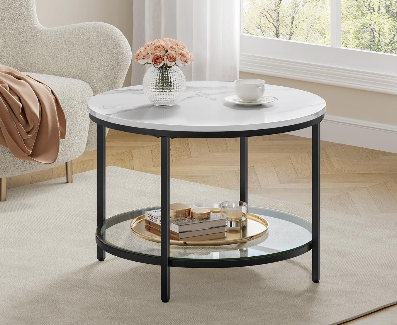 VASAGLE Couchtisch, Beistelltisch, Ø 65/80 x 46cm, Marmoroptik, Hartglasablage unten