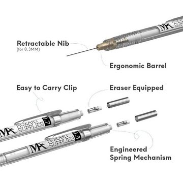MozArt Supplies Druckbleistift 4er Set Skizzierstifte Minen 0,3 – 0,9mm Bleistift, mit Radiergummis, Ersatzminen & Etui