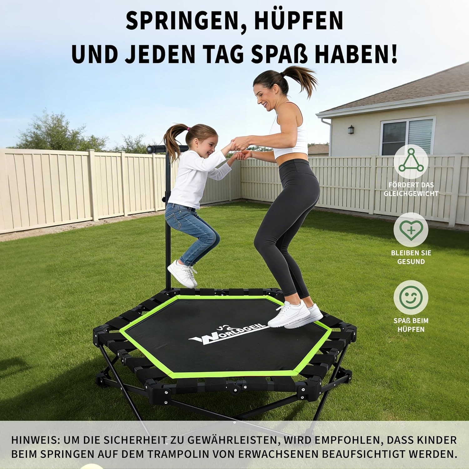 ZMH Fitnesstrampolin Trampolin Indoor Klappbar - mit Höhenverstellbarer Handgriff, Tragkraft 120 kg - Ø 86.5 cm - Jumping Trampolin Fitness