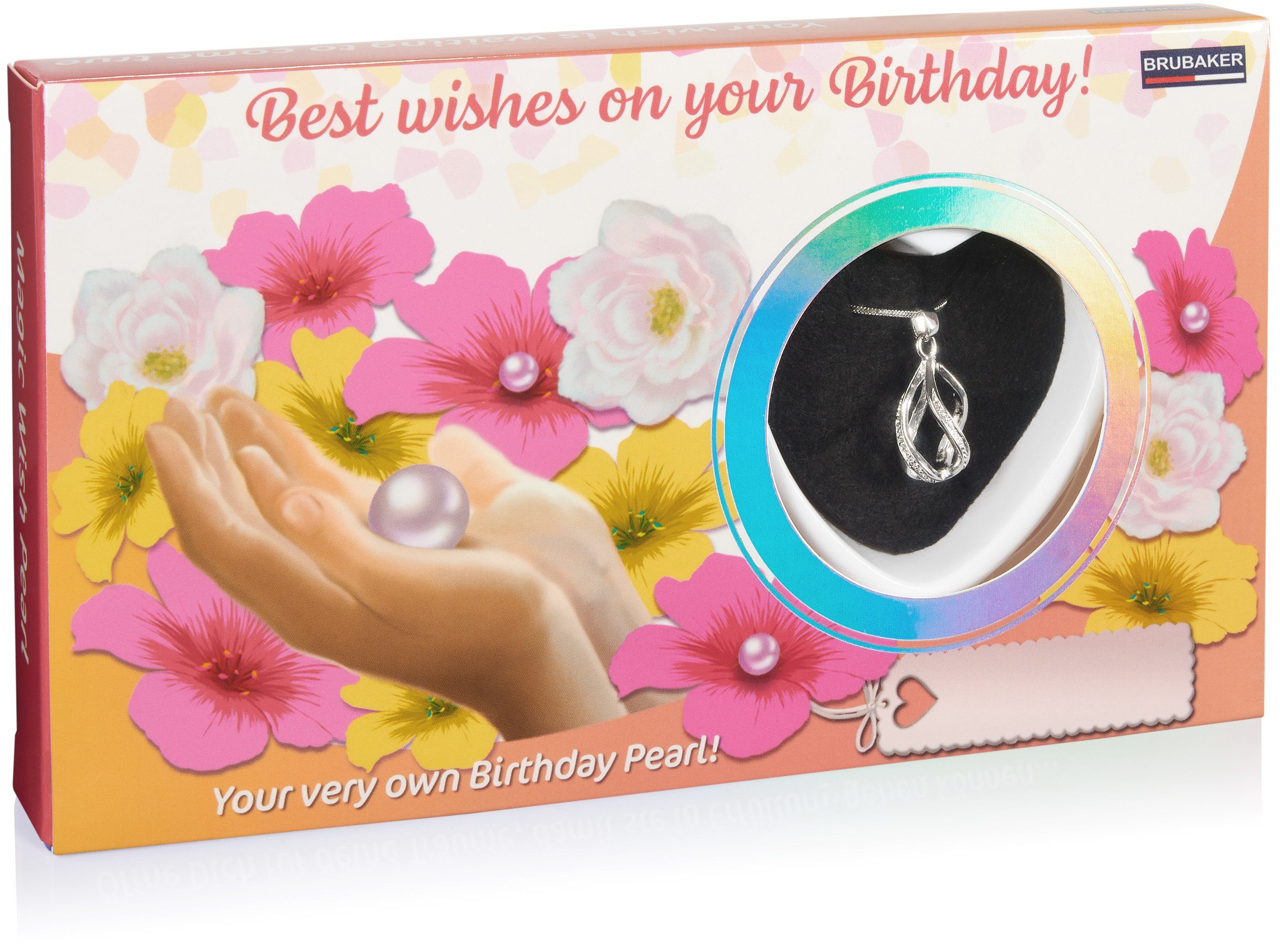 BRUBAKER Perlenketten-Set Happy Birthday Wunschperle für Geburtstag (Muschel mit echter Perle als Geschenkset für Freunde und Familie, Set), Halskette mit Silber Anhänger