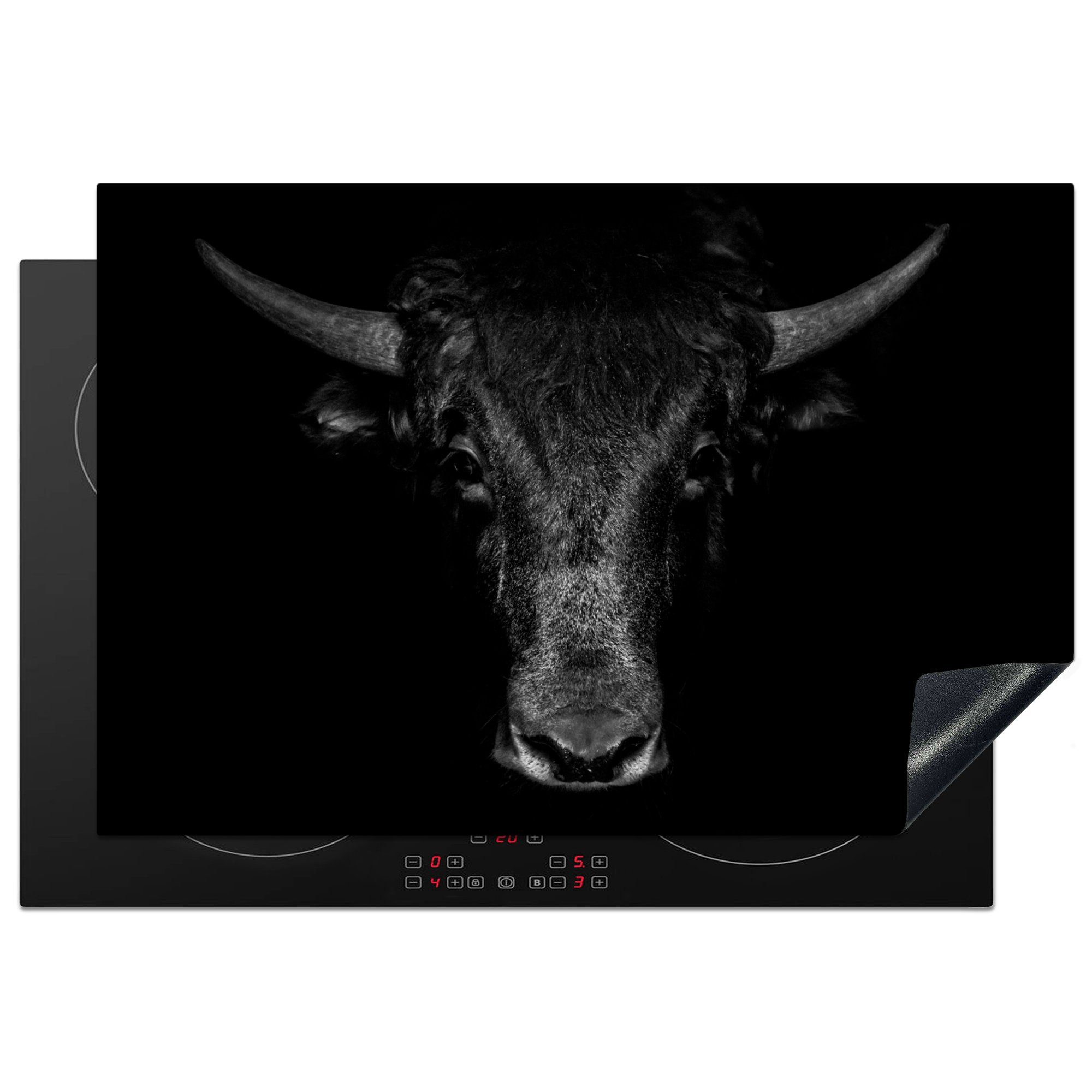 MuchoWow Herdblende-/Abdeckplatte Taurus - Tiere - Schwarz - Weiß, Vinyl, (1 tlg), 77x51 cm, Ceranfeldabdeckung, Arbeitsplatte für küche