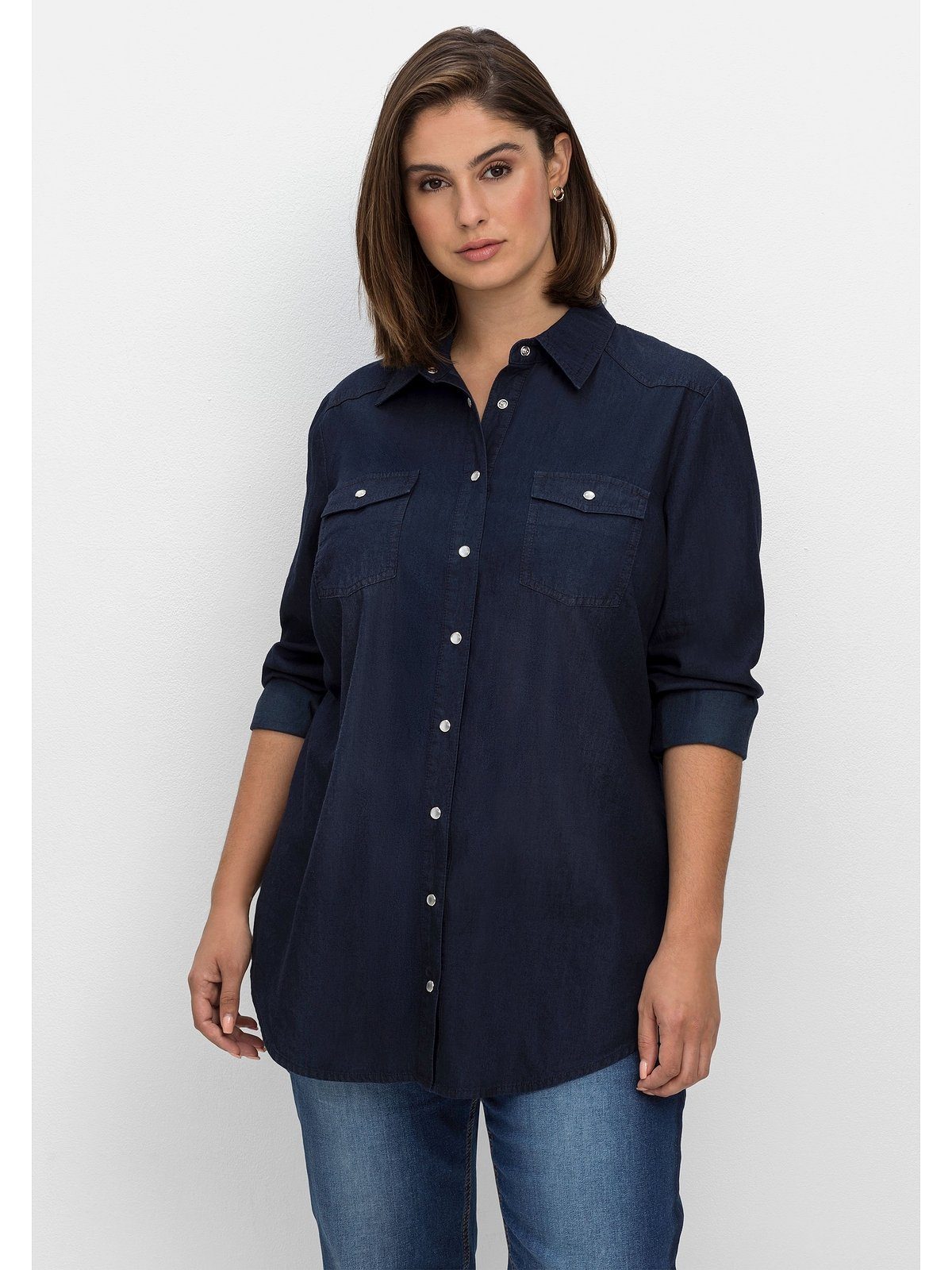 [Kostenloser Versand nur für begrenzte Zeit] Sheego Jeansbluse und dark mit Große blue Größen Brusttaschen Denim Knopfleiste