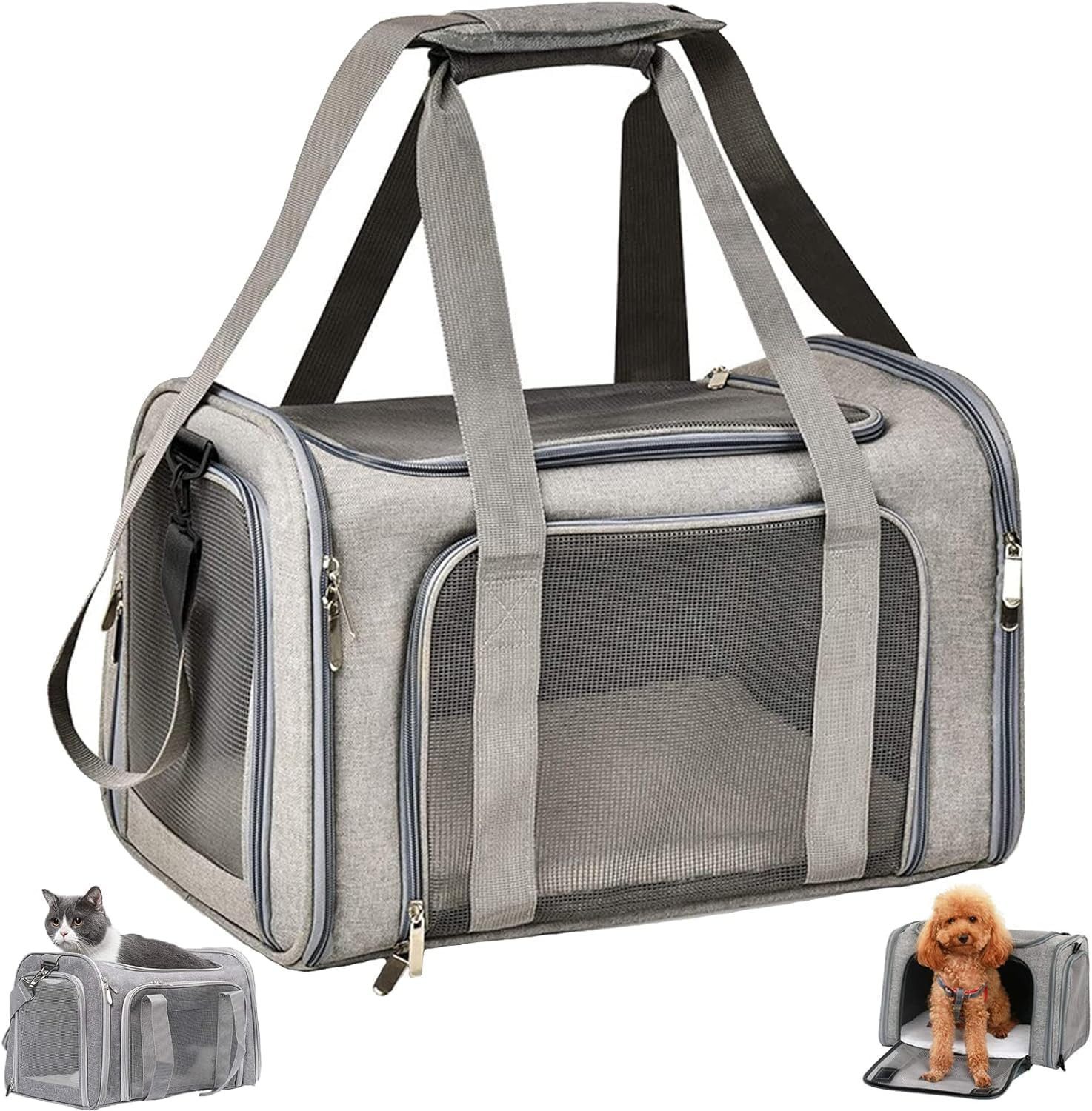 AIMAX Tiertransporttasche für Katzen und Hunde, 51 × 33 × 34 cm, Grau, Hundebox, Hundetransportbox und Katzentransportbox für zwei Tiere