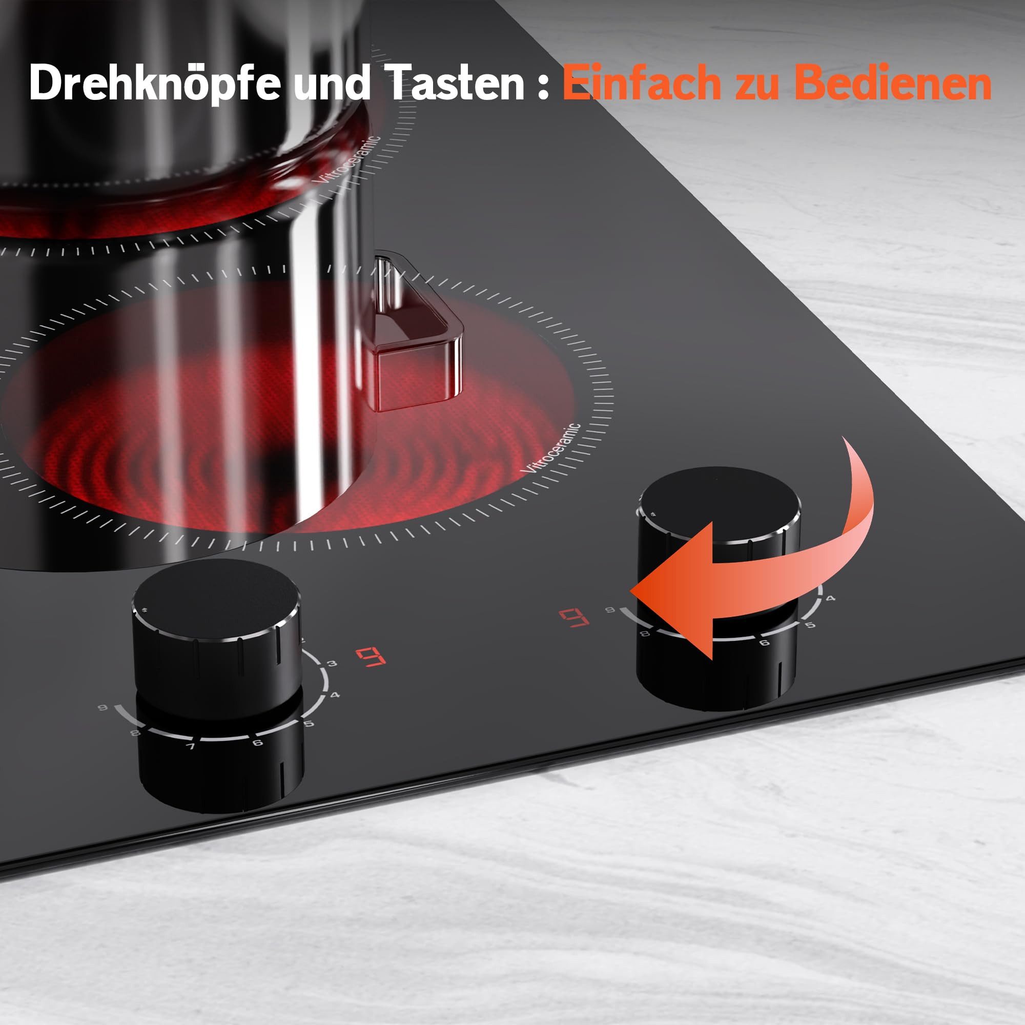NOXTON Elektro-Kochfeld Glaskeramikkochfeld 2 Platten, für Alle Topfarten mit Drehreglern, Einbau-Herdplatte, 2 Kochfeldern, 9 Leistungsstufen, Restwärme-Erinnerung, 220 V-240 V, 3000 W, Ohne Stecker