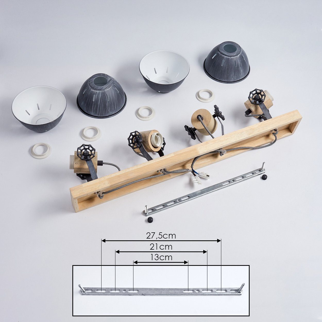 u. Leuchte Strahlern, Lichtschlitzen, Holzbalken, verstellbaren »Cotes« Deckenleuchte in m. Grau/Weiß/Natur, Deckenlampe Metall/Holz 4xE27 Leuchtmittel, aus ohne Textilkabeln hofstein