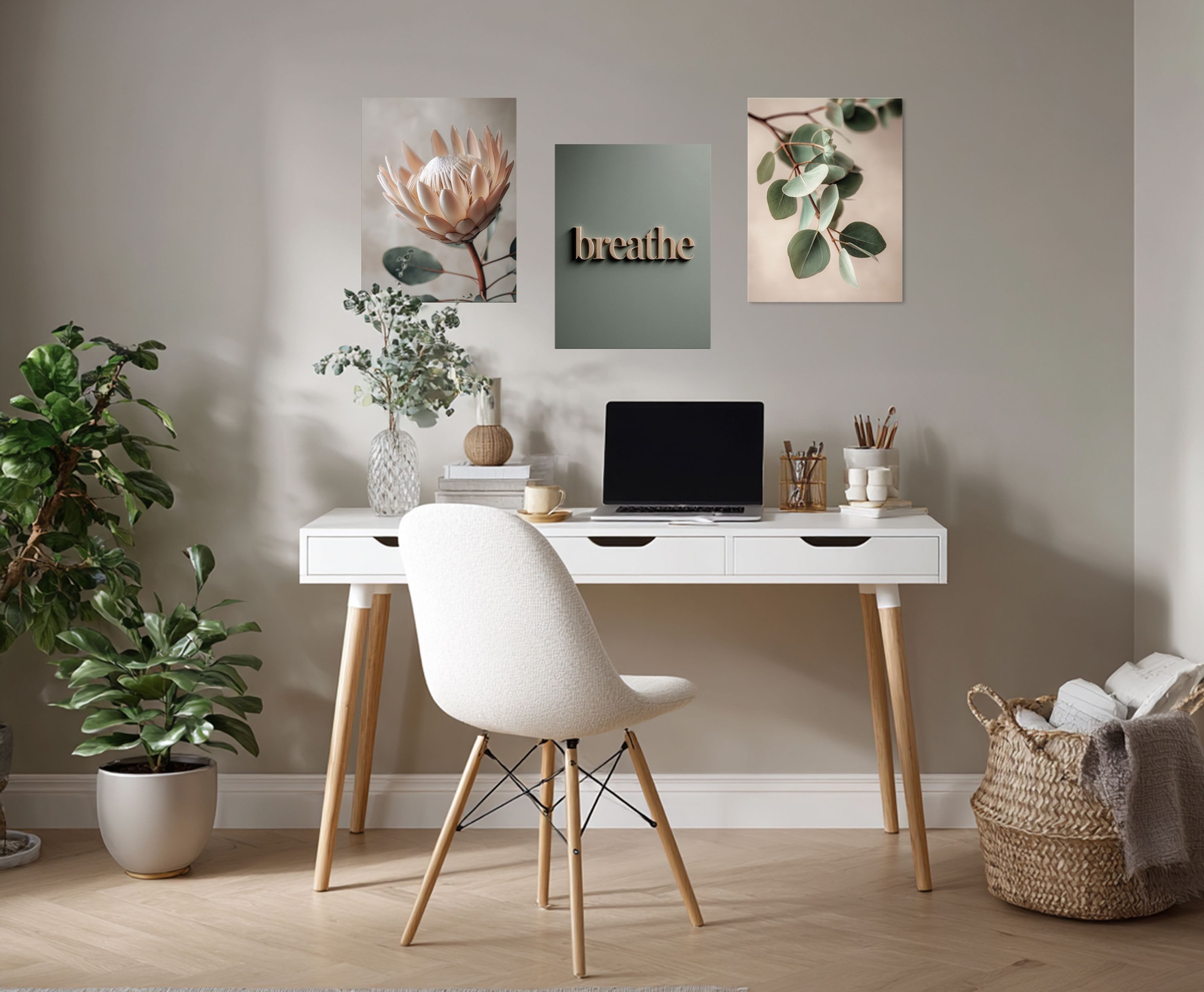 artissimo Mehrteilige Bilder Wandbilder-Set 3er-Set / Japandi Wanddeko / Wohnzimmer, Blumen und Blüten: Protea und Eukalyptus in salbei-grün beige