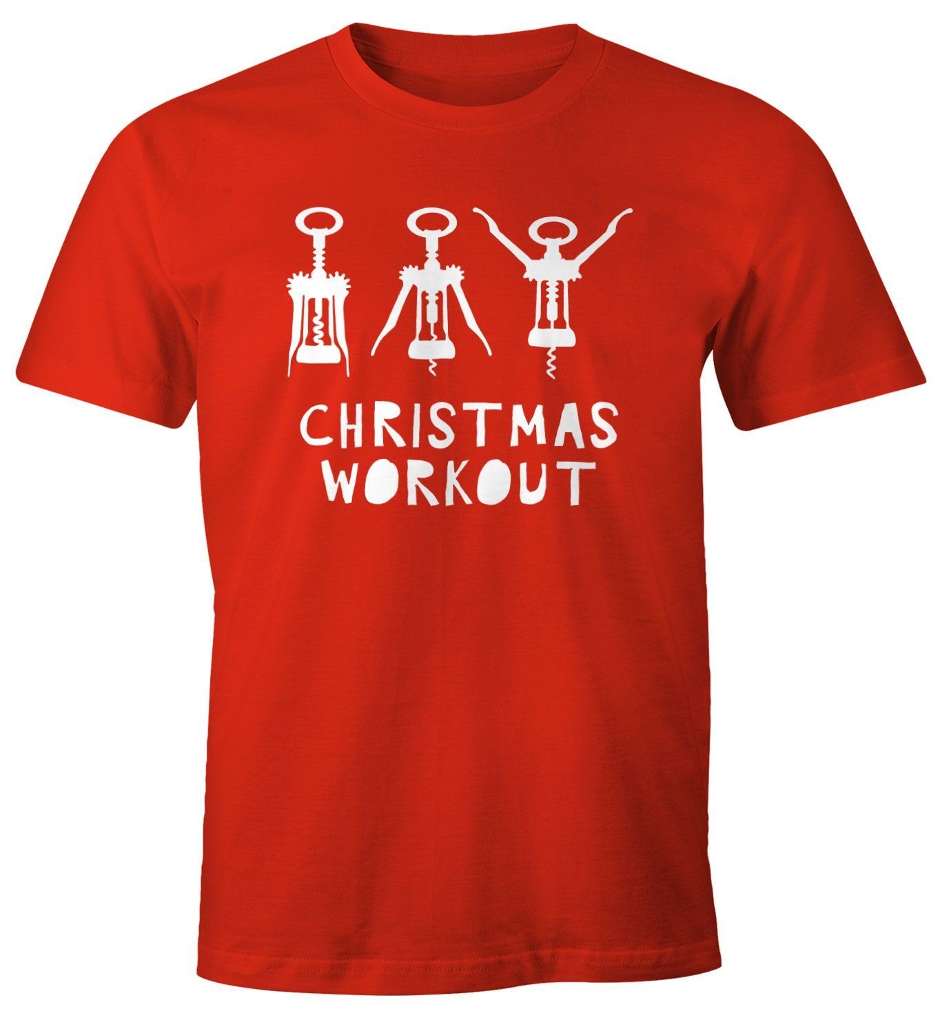 MoonWorks Print-Shirt Herren T-Shirt Weihnachten lustig Christmas Workout Flaschenöffner Korkenzieher Wein trinken Fun-Shirt Moonworks® mit Print rot
