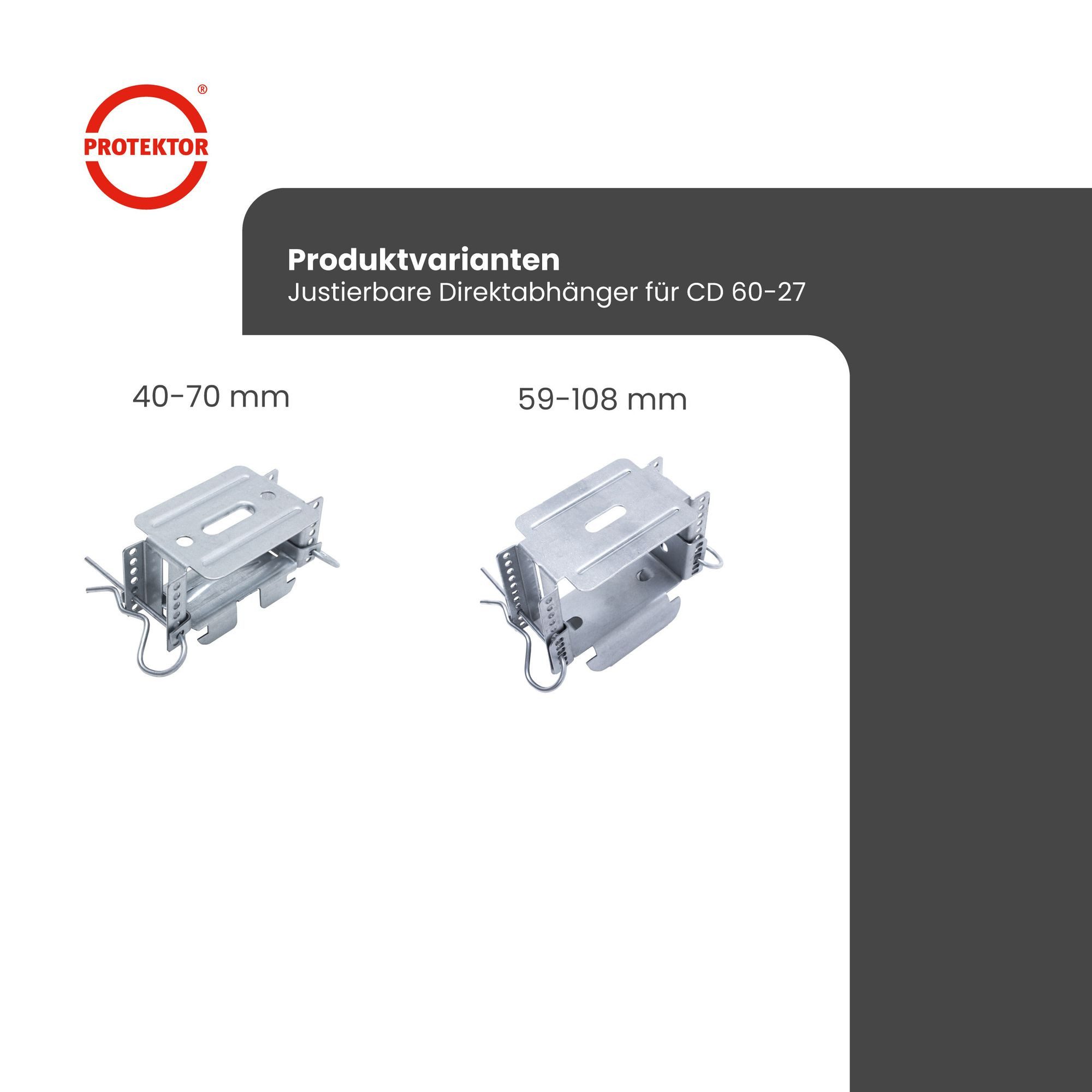 PROTEKTOR Profil Direktabhänger CD-Profil (40–70 mm, 50 Stück, silber, 50-St), Justierbar, für CD-Profil 60/27, Made in Germany
