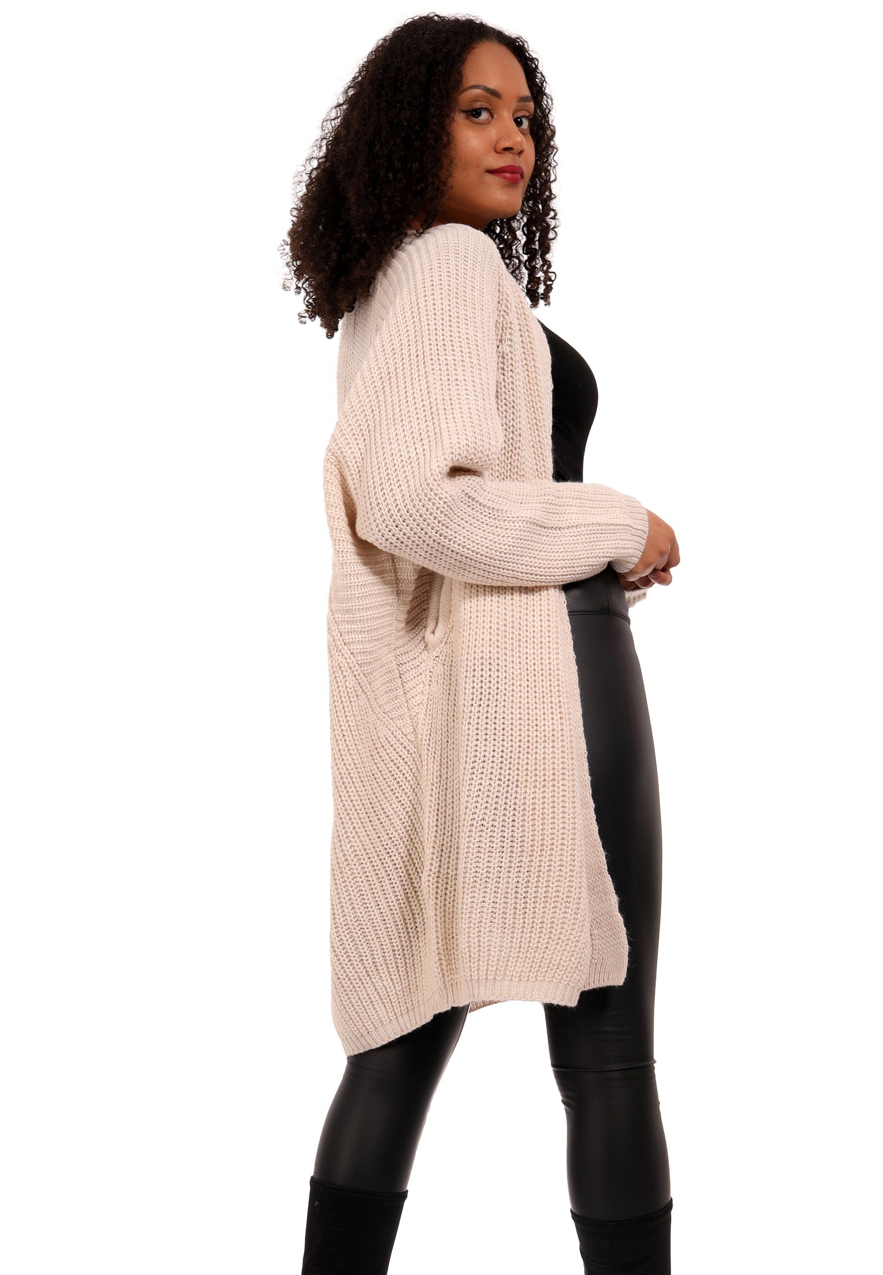 Cardigan Plus wollweiß mit Oversize Size YC Strickjacke langen Fashion casual, Basic-Form & verschlusslos Style Ärmeln (1-tlg) Cardigan