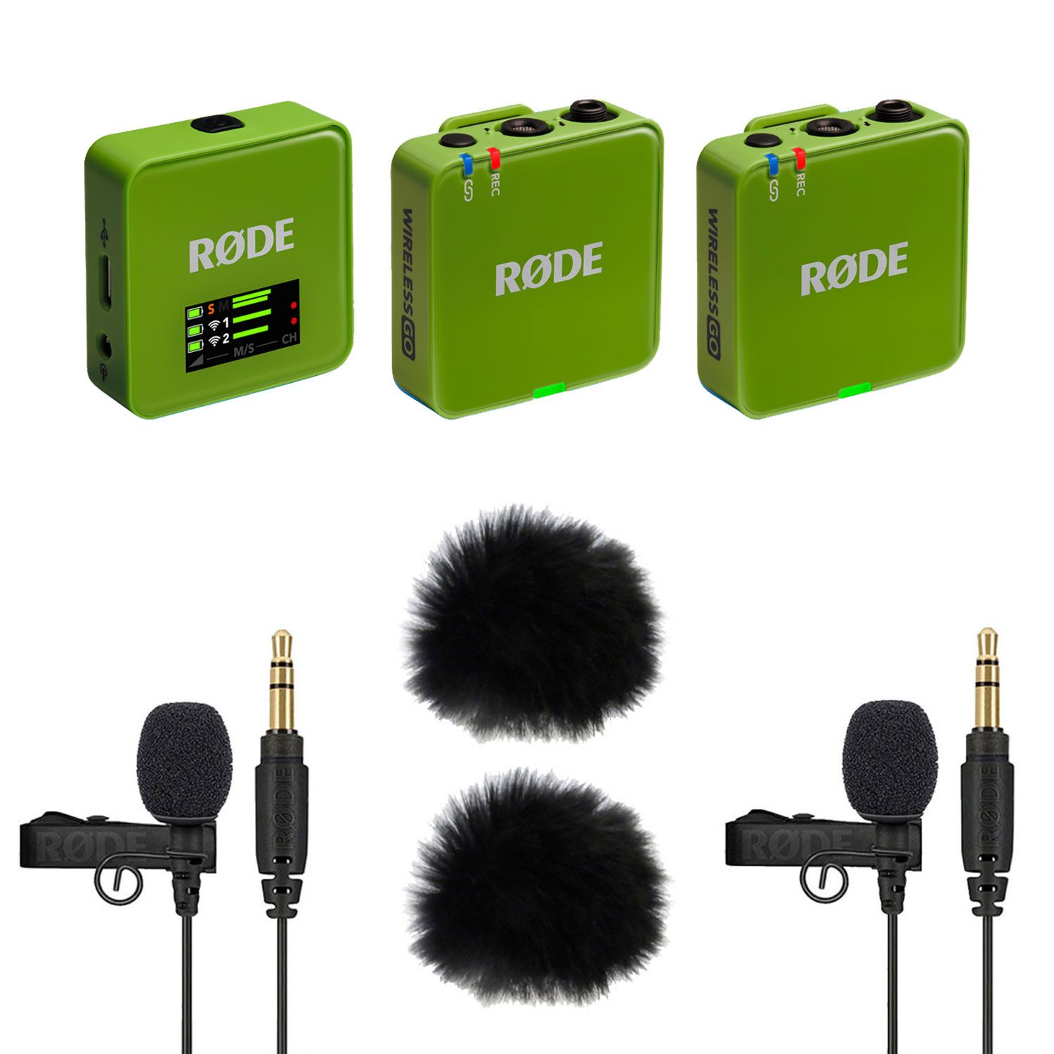 Rode Wireless GO Gen 3 Grün mit 2x Lavalier GO und 2x WS05 Digitales Aufnahmegerät