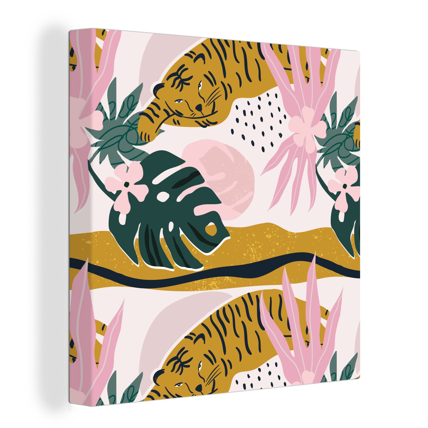OneMillionCanvasses® Leinwandbild Muster - Tiger - Rosa, (1 St), Leinwand Bilder für Wohnzimmer Schlafzimmer