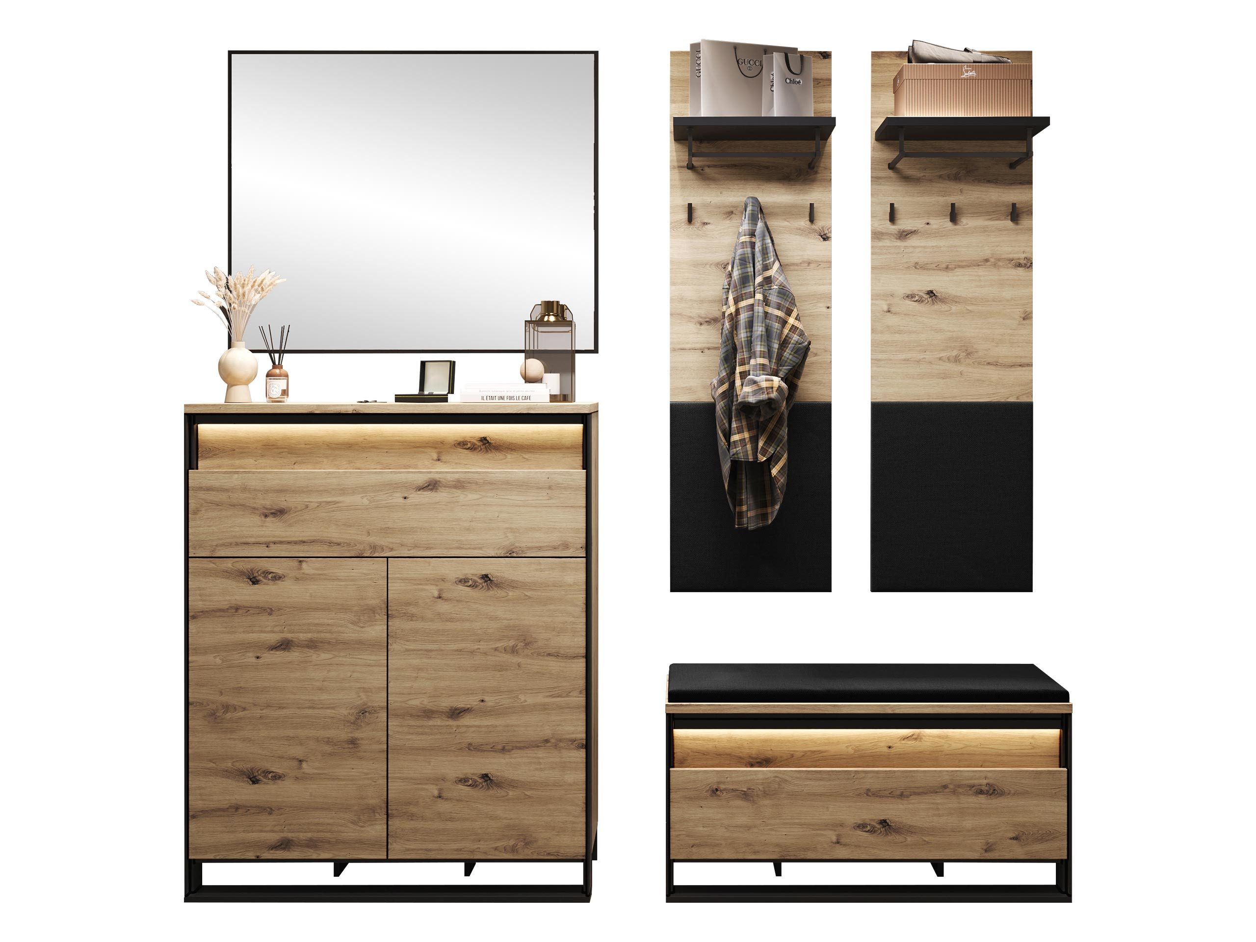 MIRJAN24 Garderoben-Set Quant IX, (5er-Set, Kommode, Schuhschrank, Spiegel, Kleiderhakenbrett), mit LED-Beleuchtung