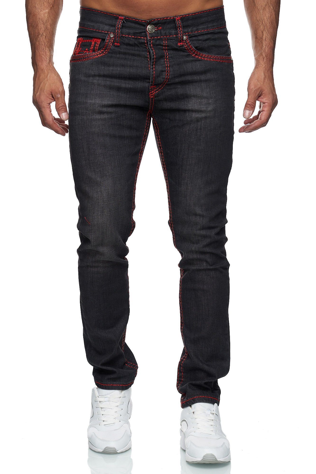 Baxboy Regular-fit-Jeans Herren Denim Jeans Neon-Naht Stonewashed Fit Stretch Straight 9574 Dicke Schwarz_Rot