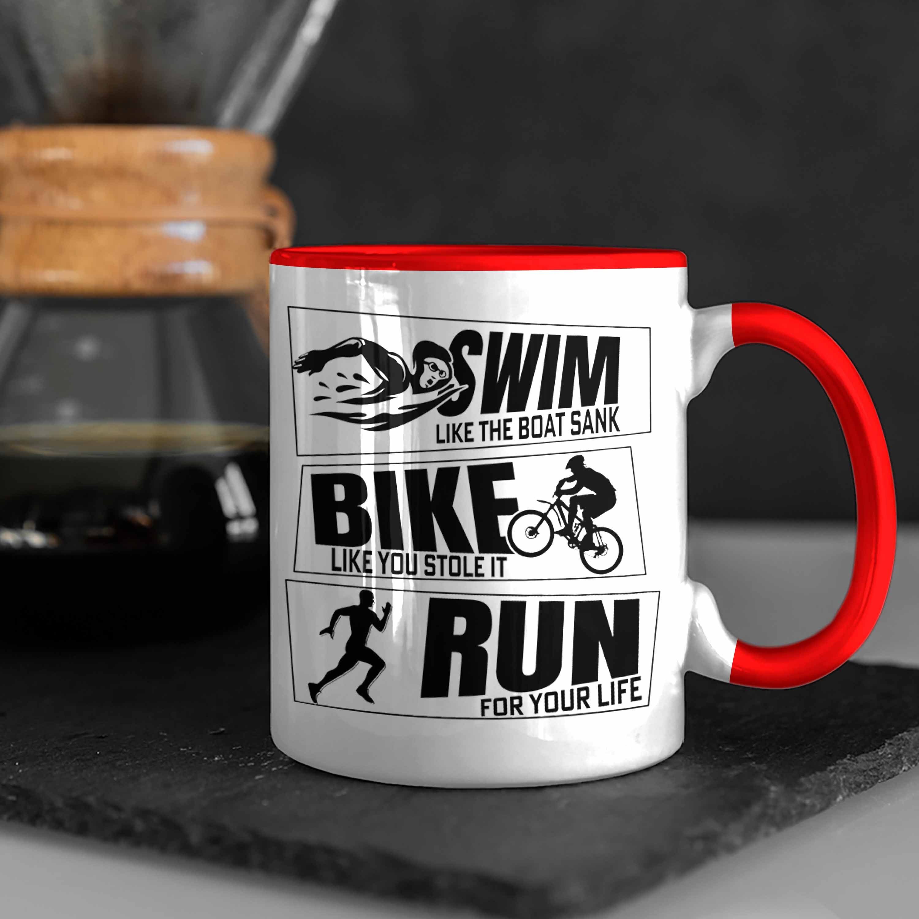 Bike Sportl für Triathlon Swim Geschenk Geschenkidee Run Spruch Tasse Tasse Rot Trendation