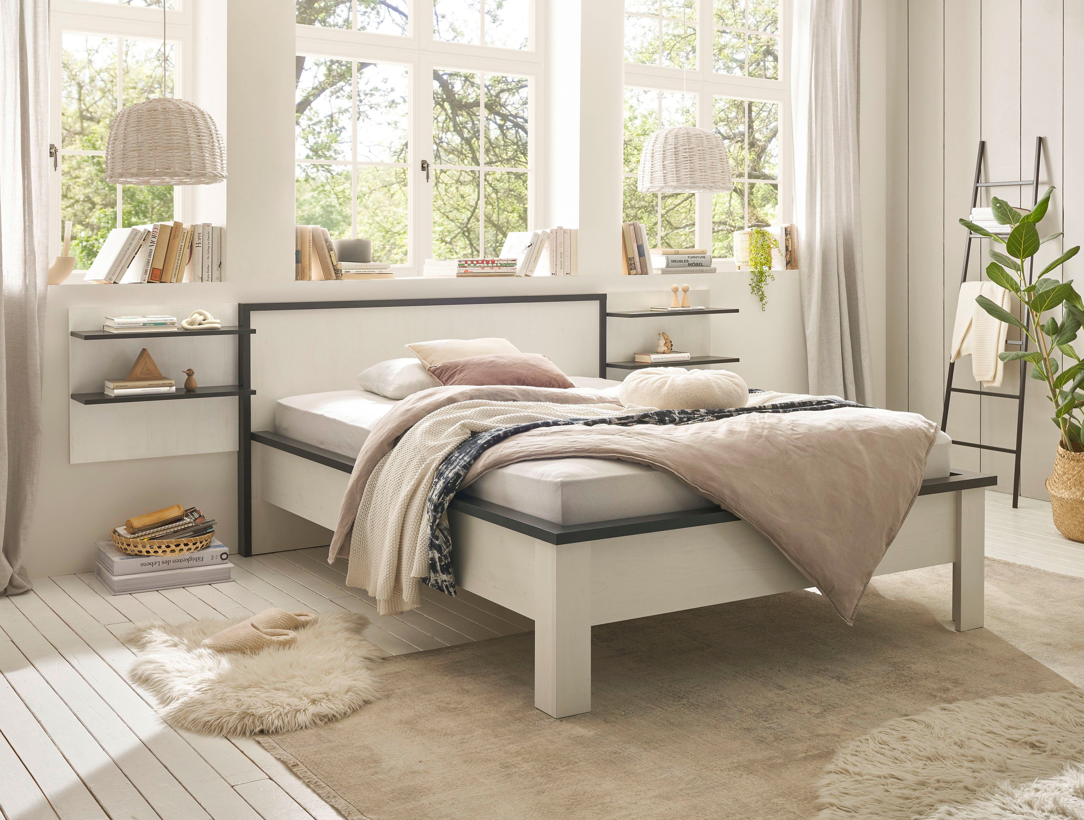 Home affaire Bettanlage SHERWOOD, (3-tlg), Liegefläche Bett 140x200cm, Wandpaneel mit jeweils 2 Ablageflächen
