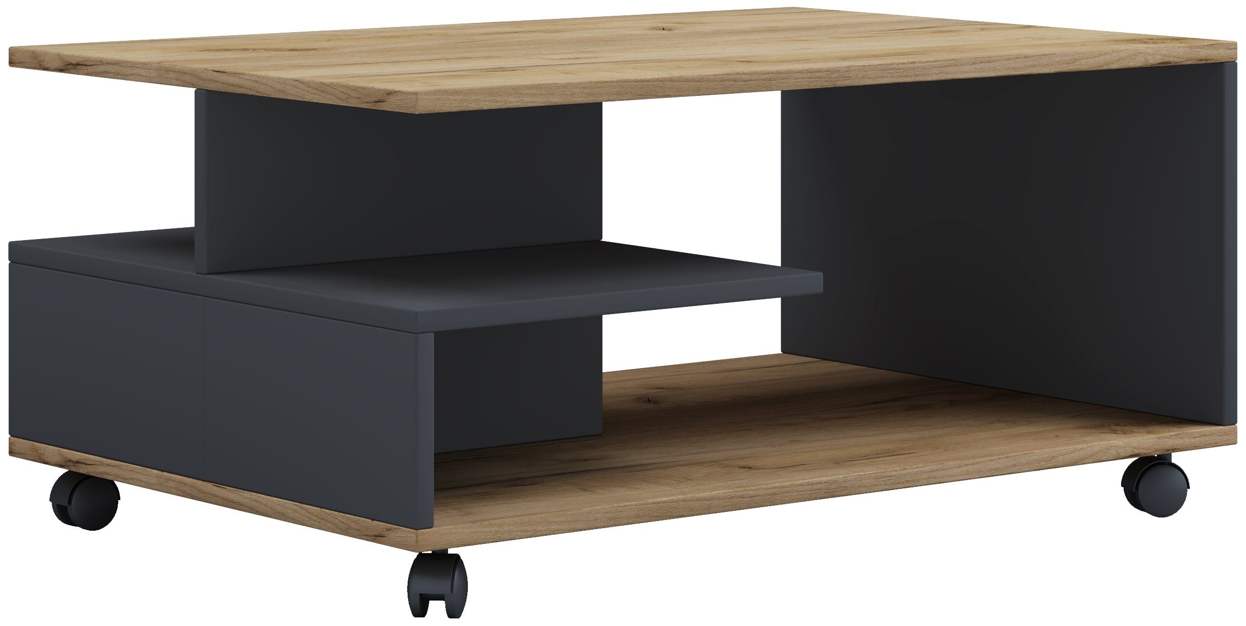 VCM Couchtisch Holz Sofatisch Anthrazit Honig-Eiche rollbar Rollen Stango / Couchtisch