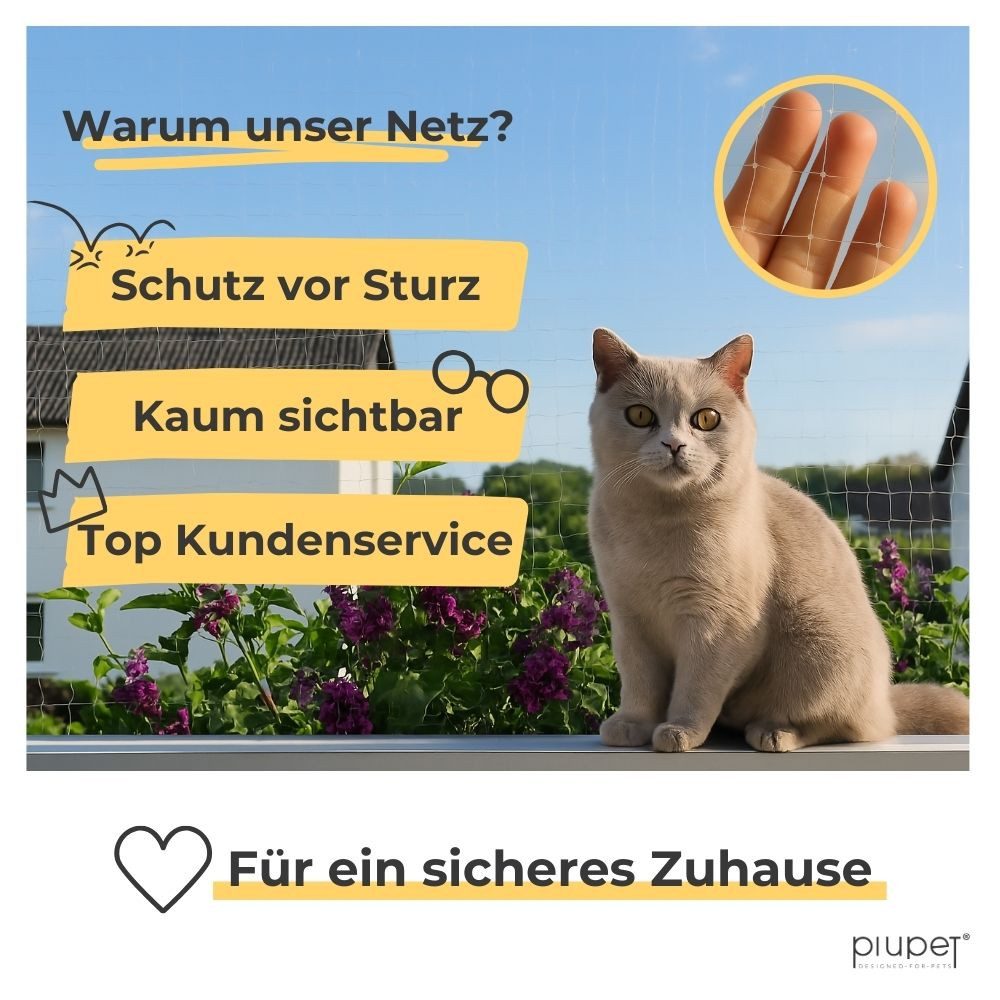 Piupet Tiersicherheitsnetz Katzennetz I transparent I inkl. Montagematerial I Balkon & Fenster