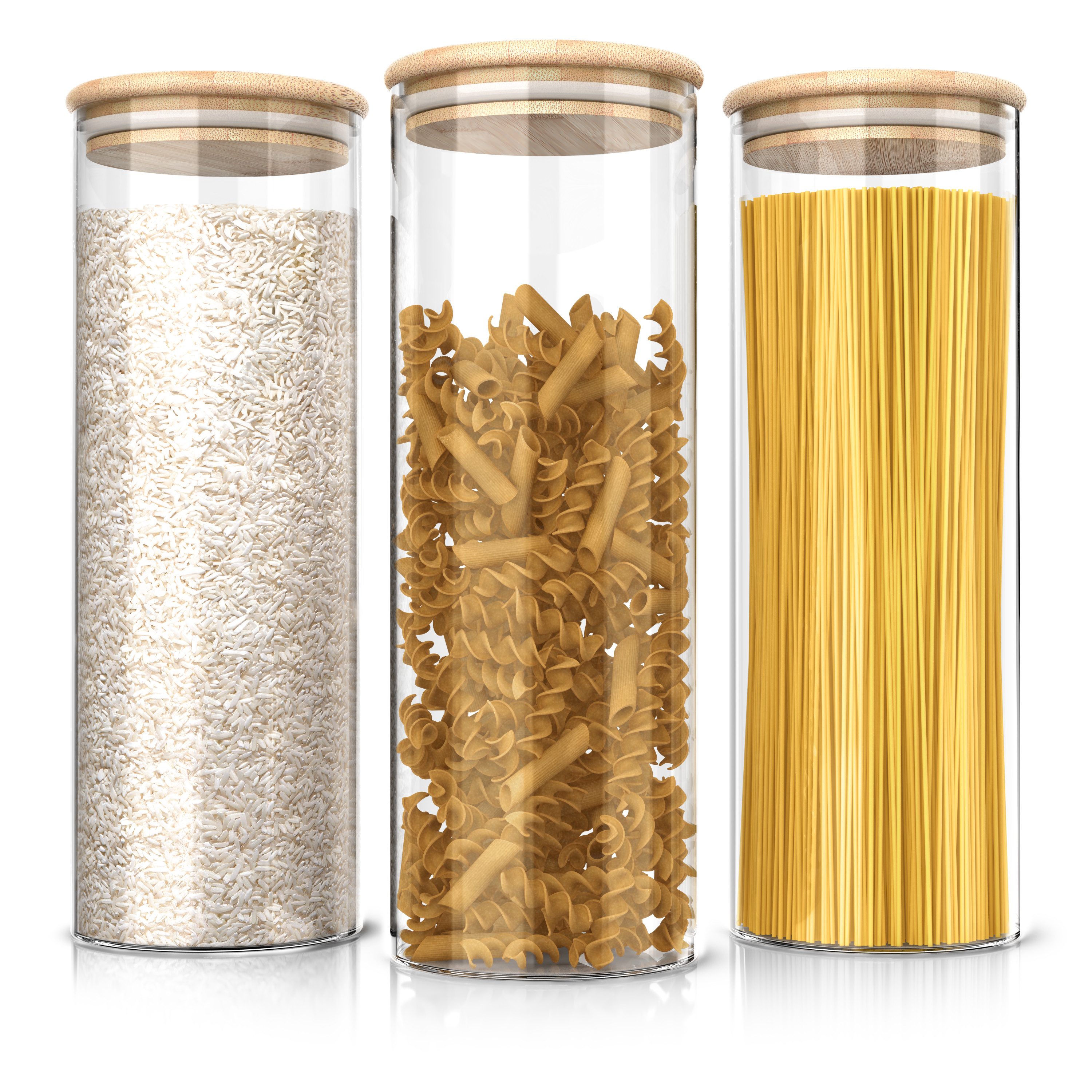 Arendo Aufbewahrungsbecher Glasbehälter-Set 2,1L aus Borosilikatglas mit Bambusdeckel & luftdicht, Borosilikatglas, Bambus, Silikon, (Vorratsbehälter-Set, 3-tlg., 3er Set), Hitzebeständig, umweltfreundlich, langlebig, mikrowellengeeignet