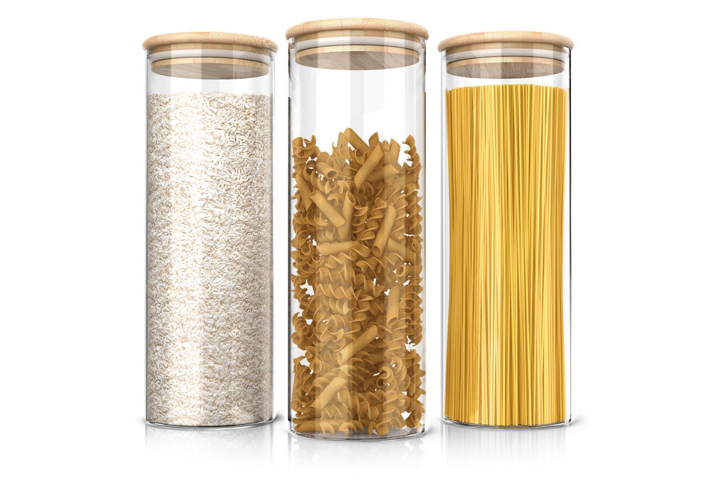 Arendo Aufbewahrungsbecher Glasbehälter-Set 2,1L aus Borosilikatglas mit Bambusdeckel & luftdicht, Borosilikatglas, Bambus, Silikon, (Vorratsbehälter-Set, 3-tlg., 3er Set), Vorratsdosen, Vorratsgläser, Hitzebeständig, mikrowellengeeignet