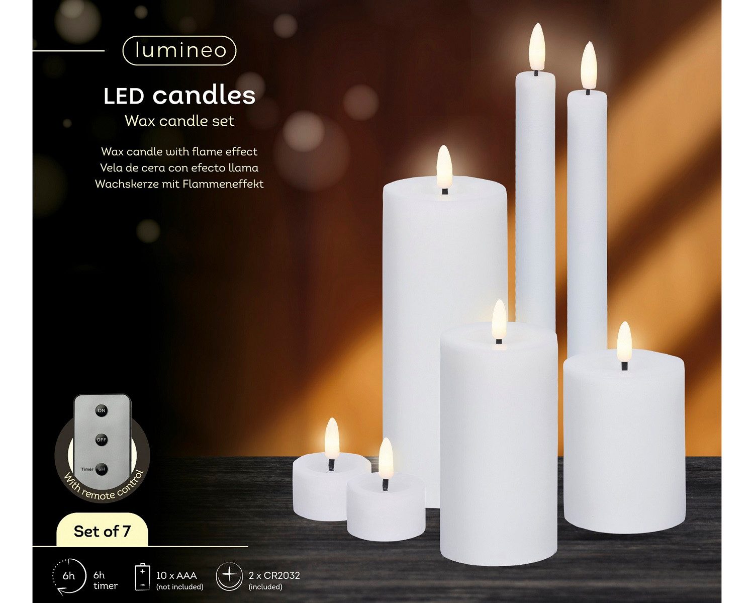 Lumineo LED-Christbaumkerzen Lumineo LED Wachskerzen 7er-Set Weiß, batteriebetrieben, 6h-Timer, Indoor, Flacker-Effekt, 2x AAA Batterien, mit Fernbedienung