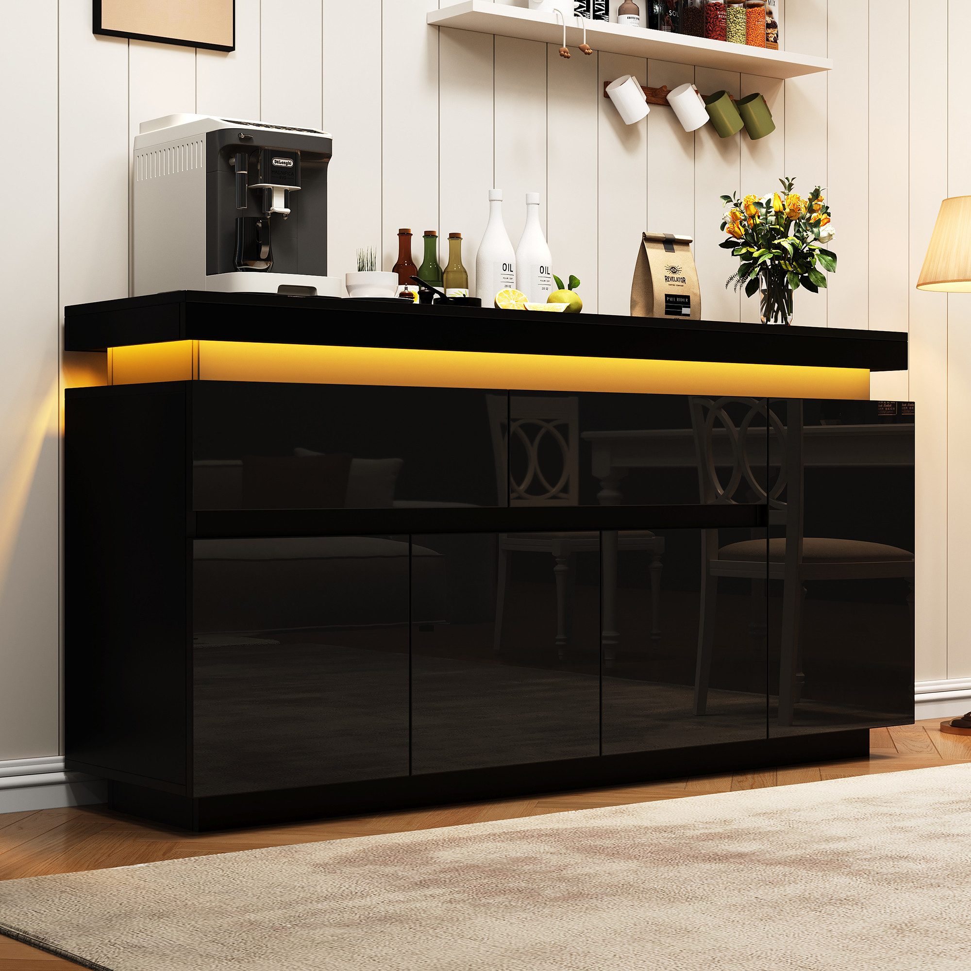 Merax Sideboard Hochglanz Anrichte Buffetschrank mit LED-Beleuchtung (1 St., Wohnzimmerschrank, Beistellschrank, 140x35x72,5cm), Kommode mit 2 Schubladen, verstellbaren Einlegeböden & Stauraum