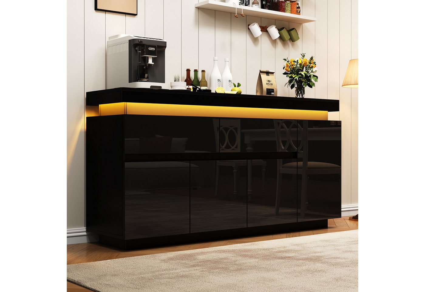 Merax Sideboard Hochglanz Anrichte Buffetschrank mit LED-Beleuchtung (1 St., Wohnzimmerschrank, Beistellschrank, 140x35x72,5cm), Kommode mit 2 Schubladen, verstellbaren Einlegeböden & Stauraum