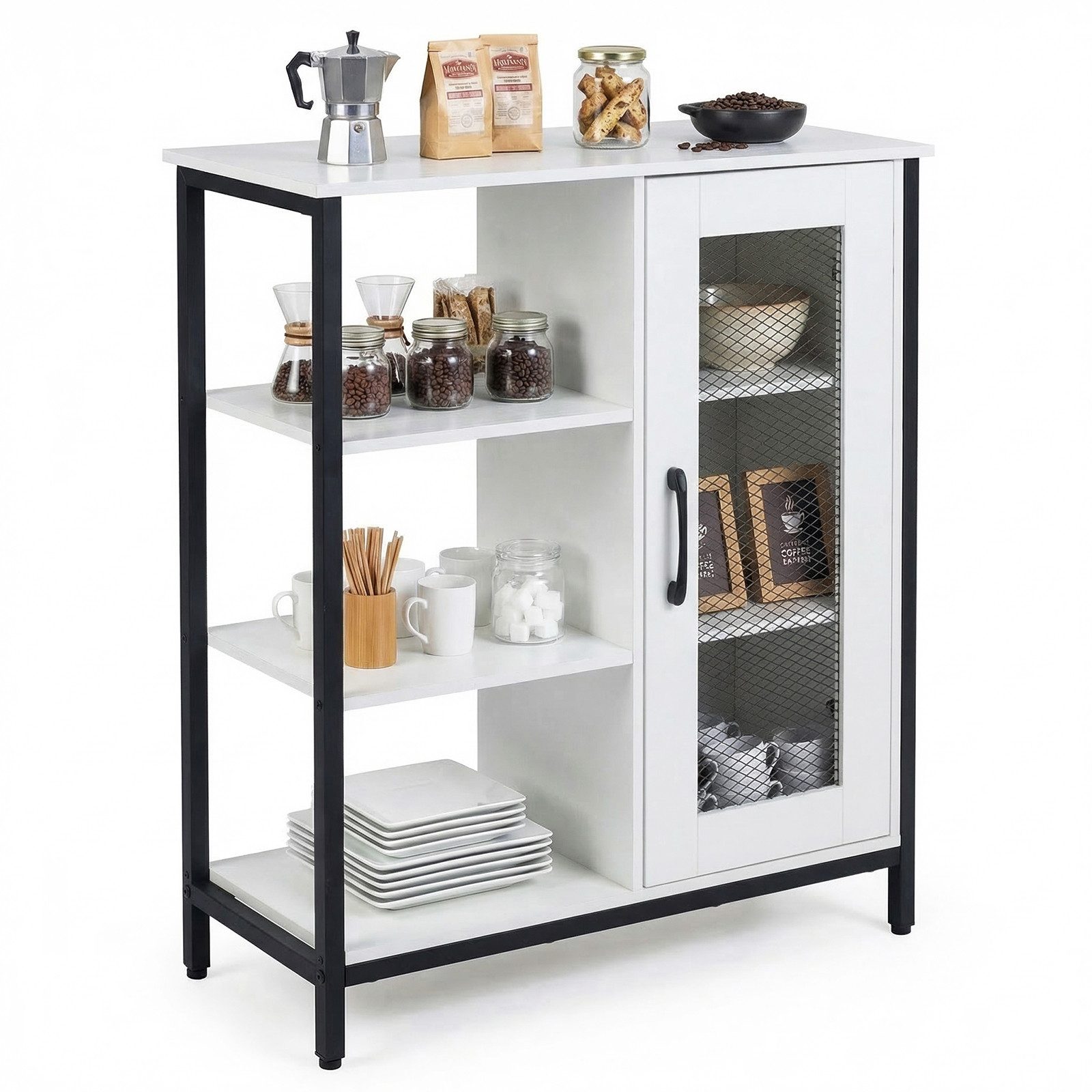 COSTWAY Sideboard Küchenbuffet mit Tür, offenen Ablagen, Anrichteschrank