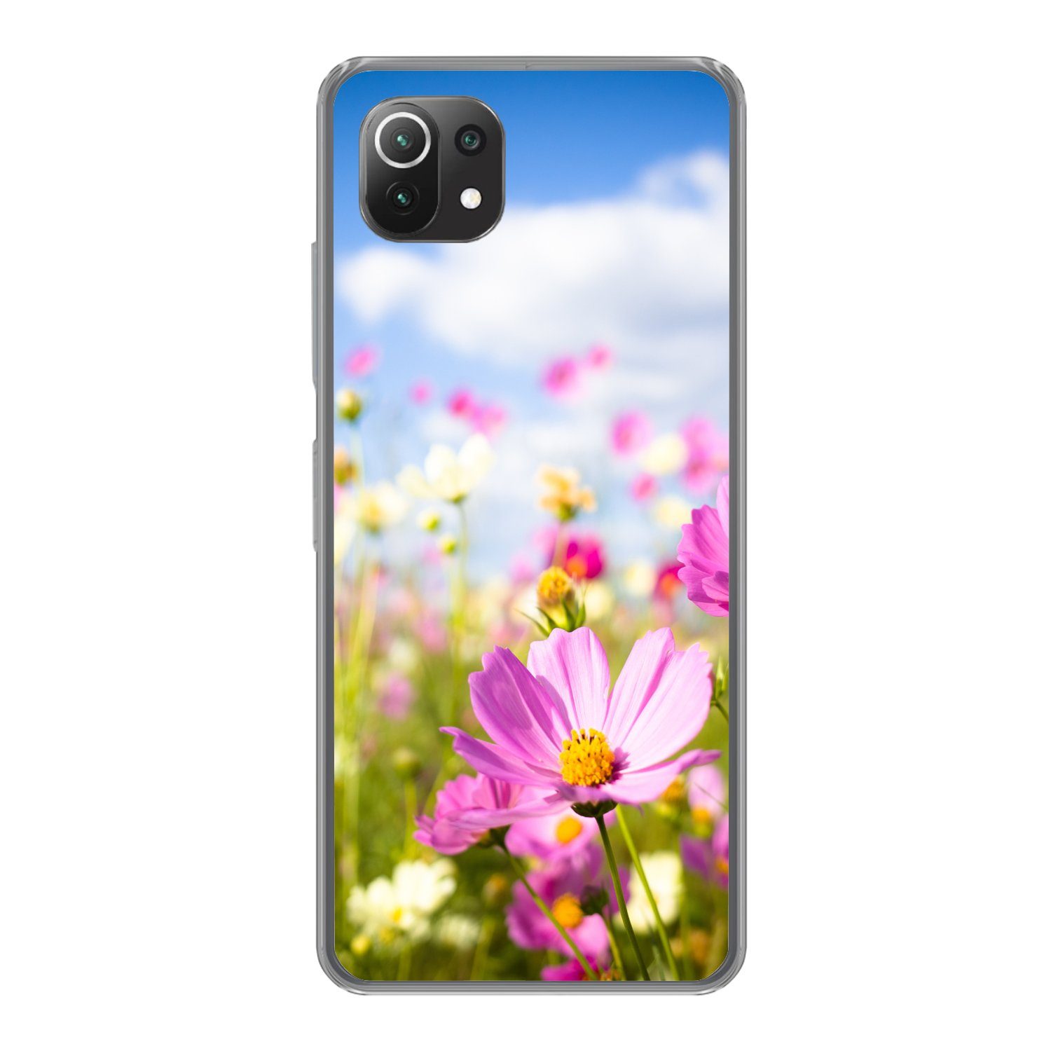 MuchoWow Handyhülle für Xiaomi 11T Blumen - Wiese - Lila - Gras - Weiß - Wolken - Blau, Phone Case, Silikon, Schutzhülle Dünn