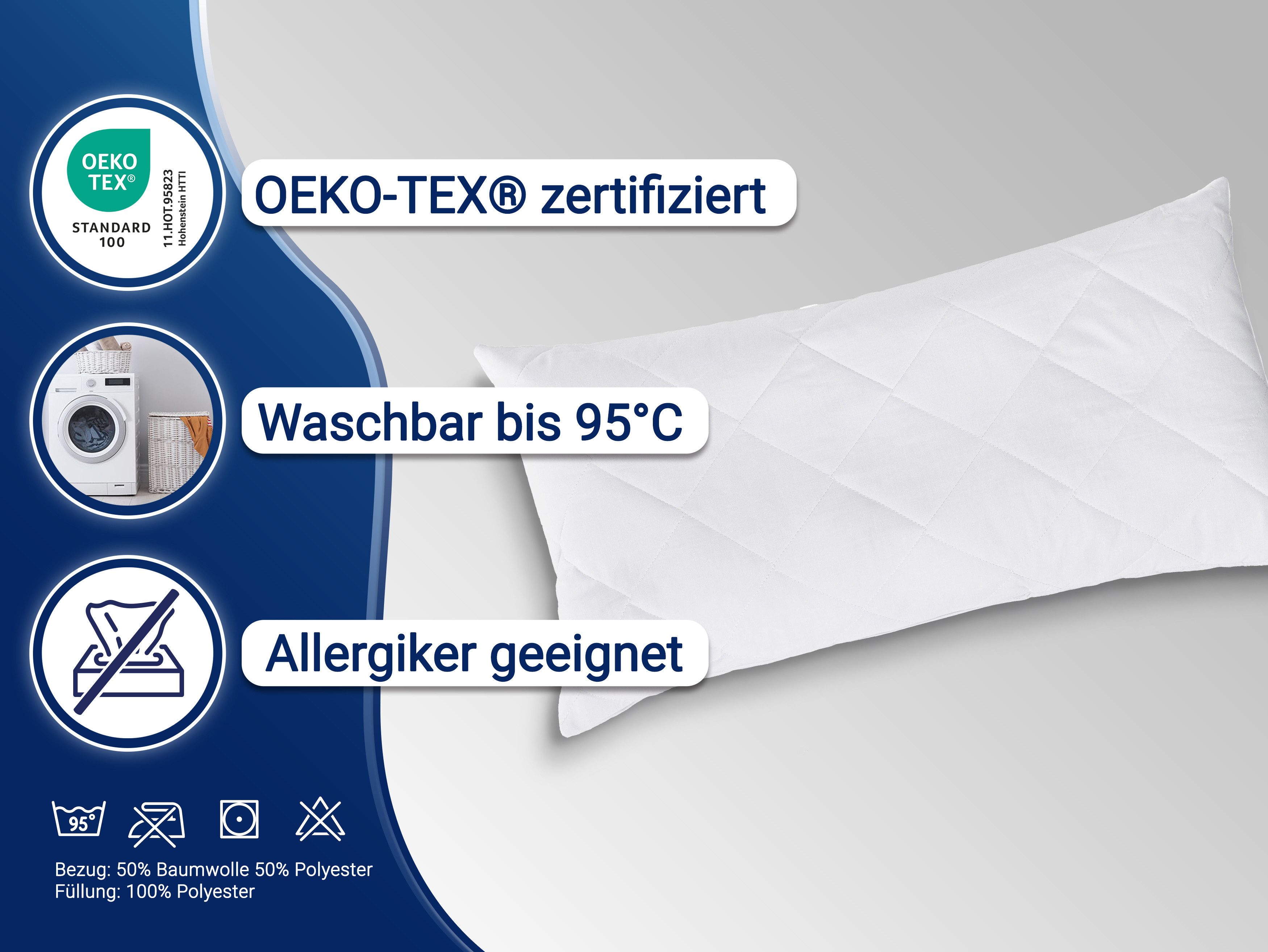 ZOLLNER Kopfkissen, Füllung: 100% Polyester, Seitenschläfer, Rückenschläfer, Bauchschläfer, 40 x 80 cm, 50% Polyester, 50% Baumwolle, vom Hotelwäschespezialisten