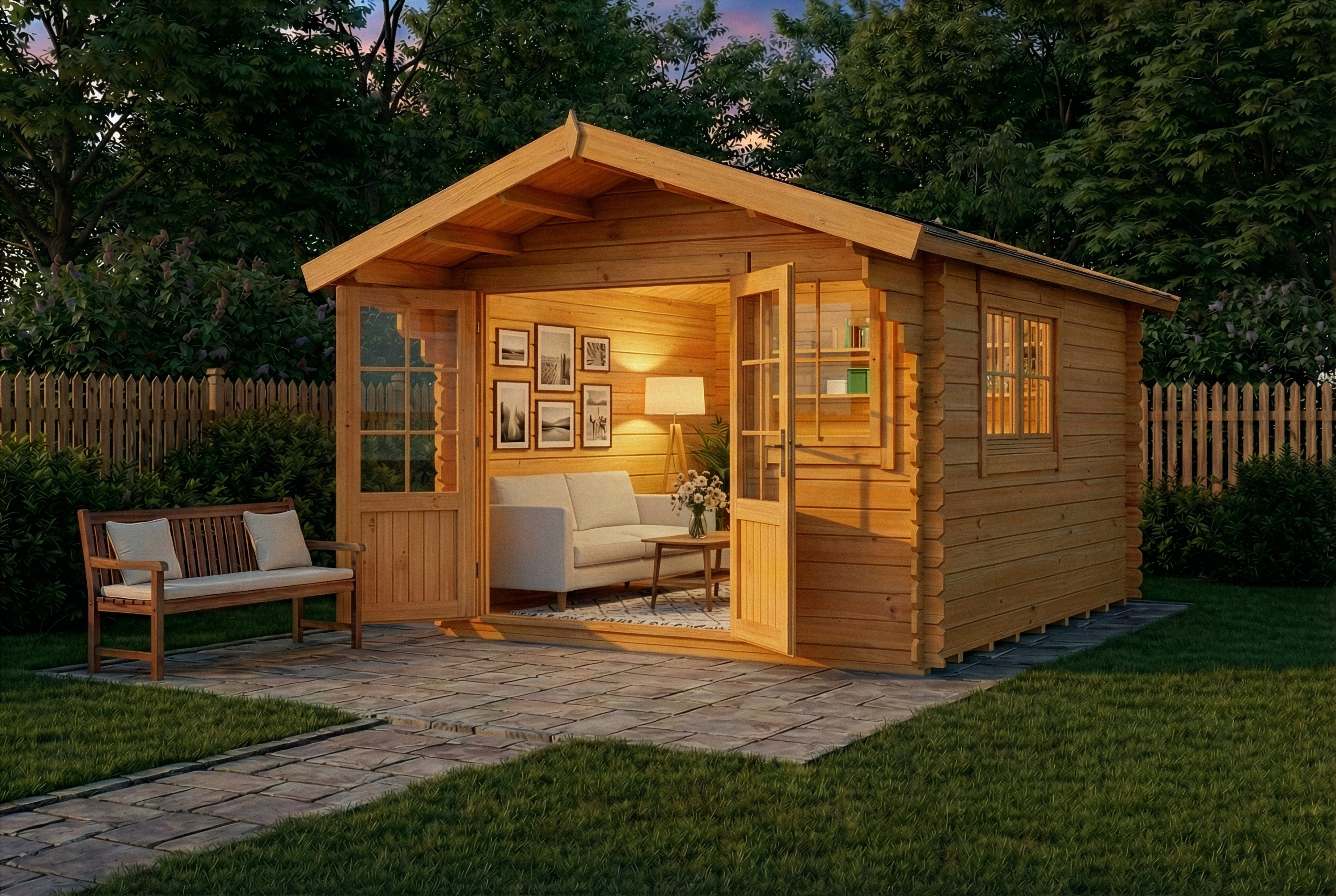 Alpholz Gartenhaus Holz Gabriel 300 x 400 cm, BxT: 338x467 cm, in Imprägniert (Pinie) Inkl. Fußboden mit 34mm Wandstärke