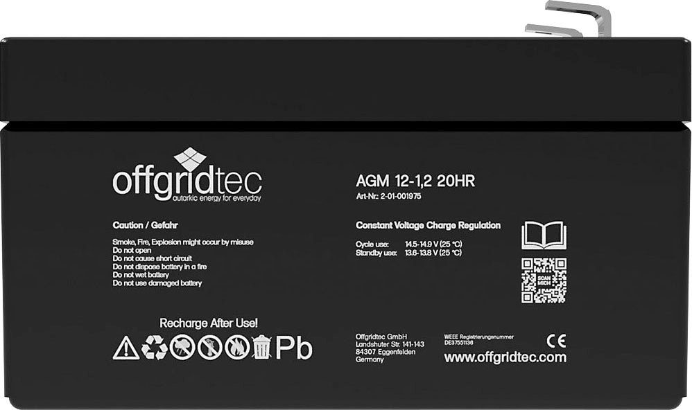 offgridtec AGM-Batterie 12V/1,2Ah 20HR Akku (12 V), Solar Batterie Akku Extrem zyklenfest