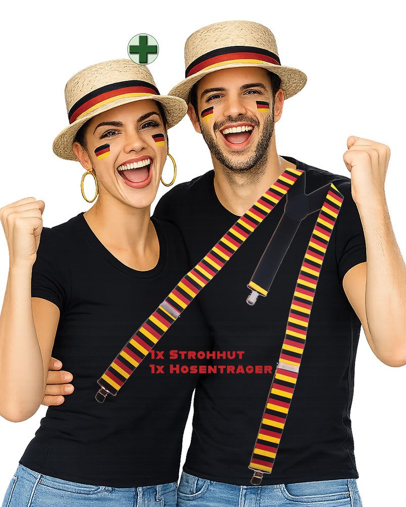 Karneval-Klamotten Kostüm Deutschland Strohhut Hosenträger schwarz rot gold, Fan Item Weltmeisterschaft Party Germany Supporter Nationalmannschaft