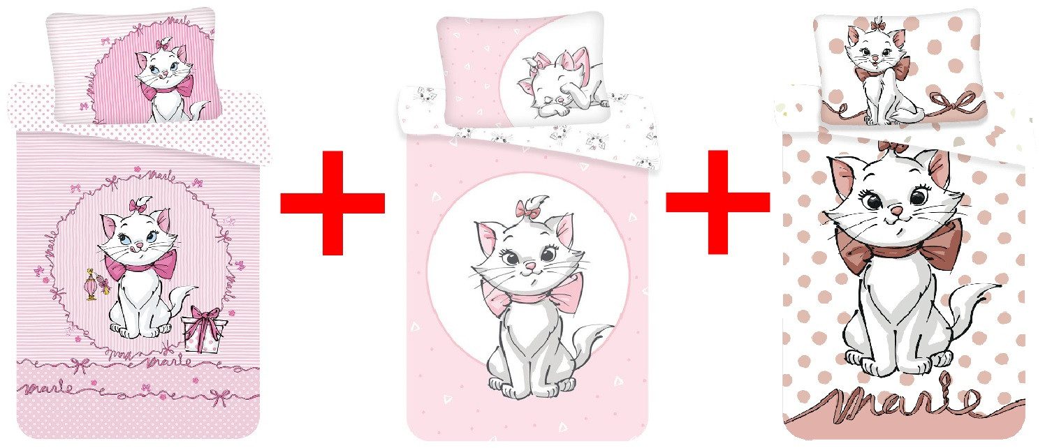 Disney Kinderbettwäsche Disney Marie Aristocats 3 x Bettwäsche-Sets Katzen 100x135cm, Renforcé, 2 teilig, 100 % Baumwolle, langlebiges Material