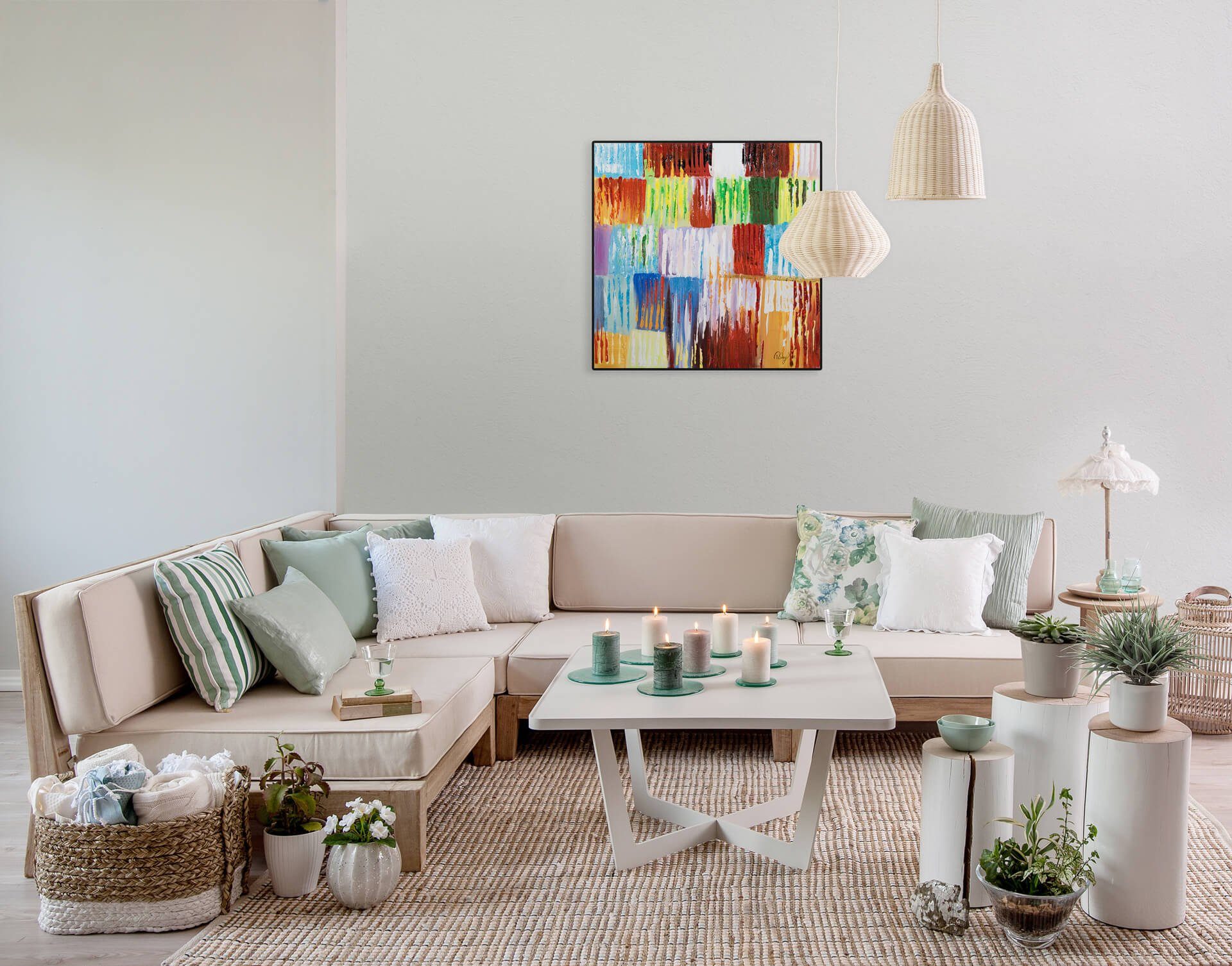 KUNSTLOFT Gemälde Rainbow Vibes 60x60 cm, Leinwandbild 100% HANDGEMALT Wandbild Wohnzimmer