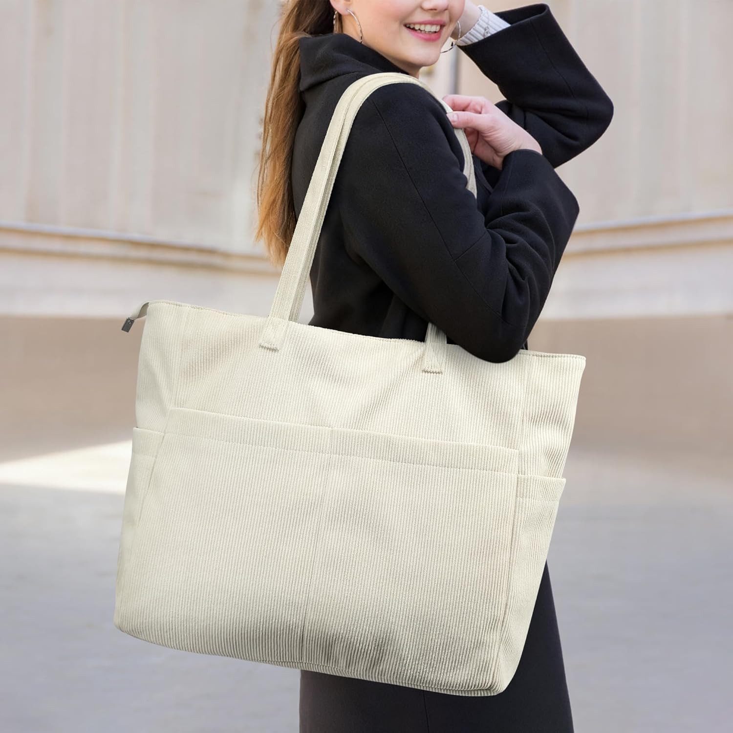 FOUORTUNATE-BEE Umhängetasche Große Cord Schultertasche Damen – Stilvoll für Alltag & Büro, Cord Shopper Damen Groß – Modische Tasche für Beruf & Freizeit – Bild 3 von 5